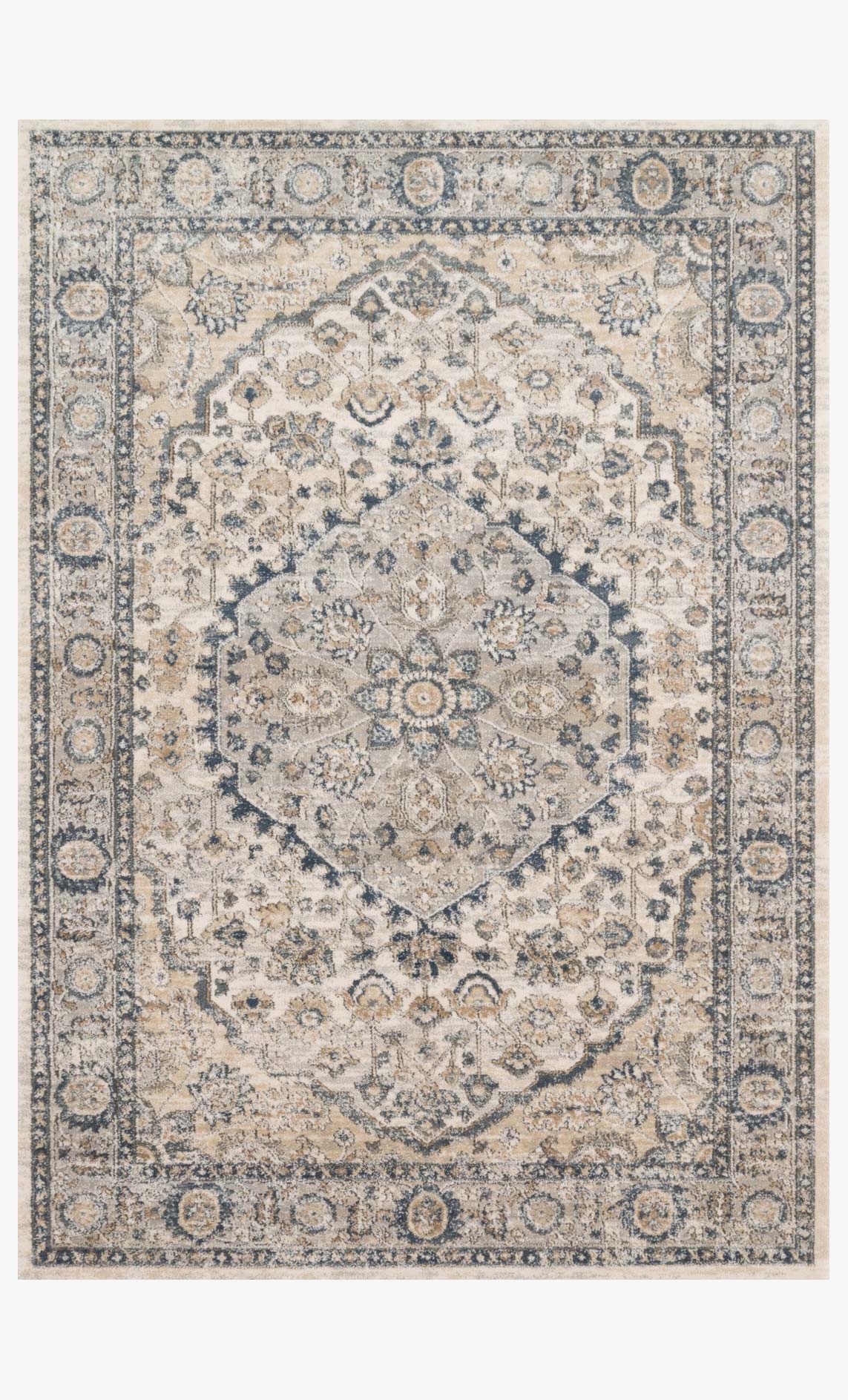 Power-loomed area rug in natural and light gray with central medallion pattern