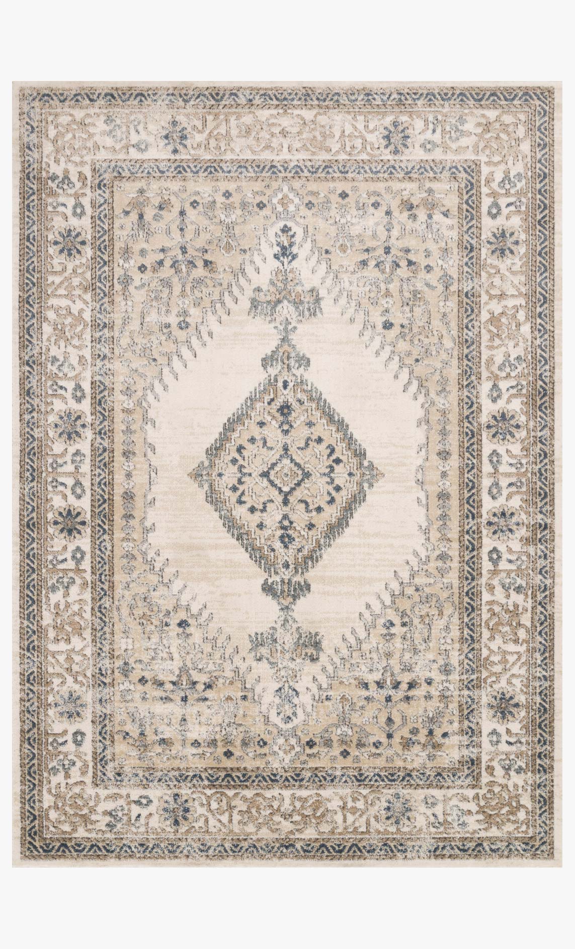 Oatmeal and ivory power-loomed rug with ornate blue-gray medallion pattern