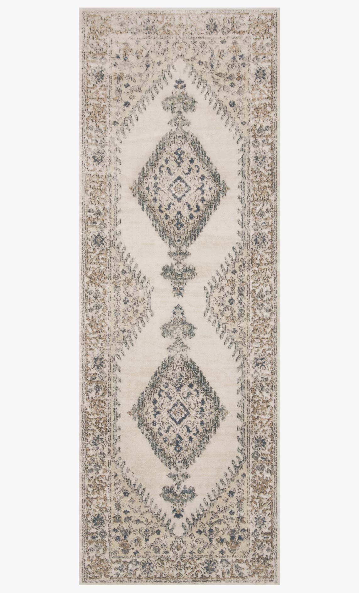 Rectangular oatmeal and ivory rug with repeating diamond medallion pattern