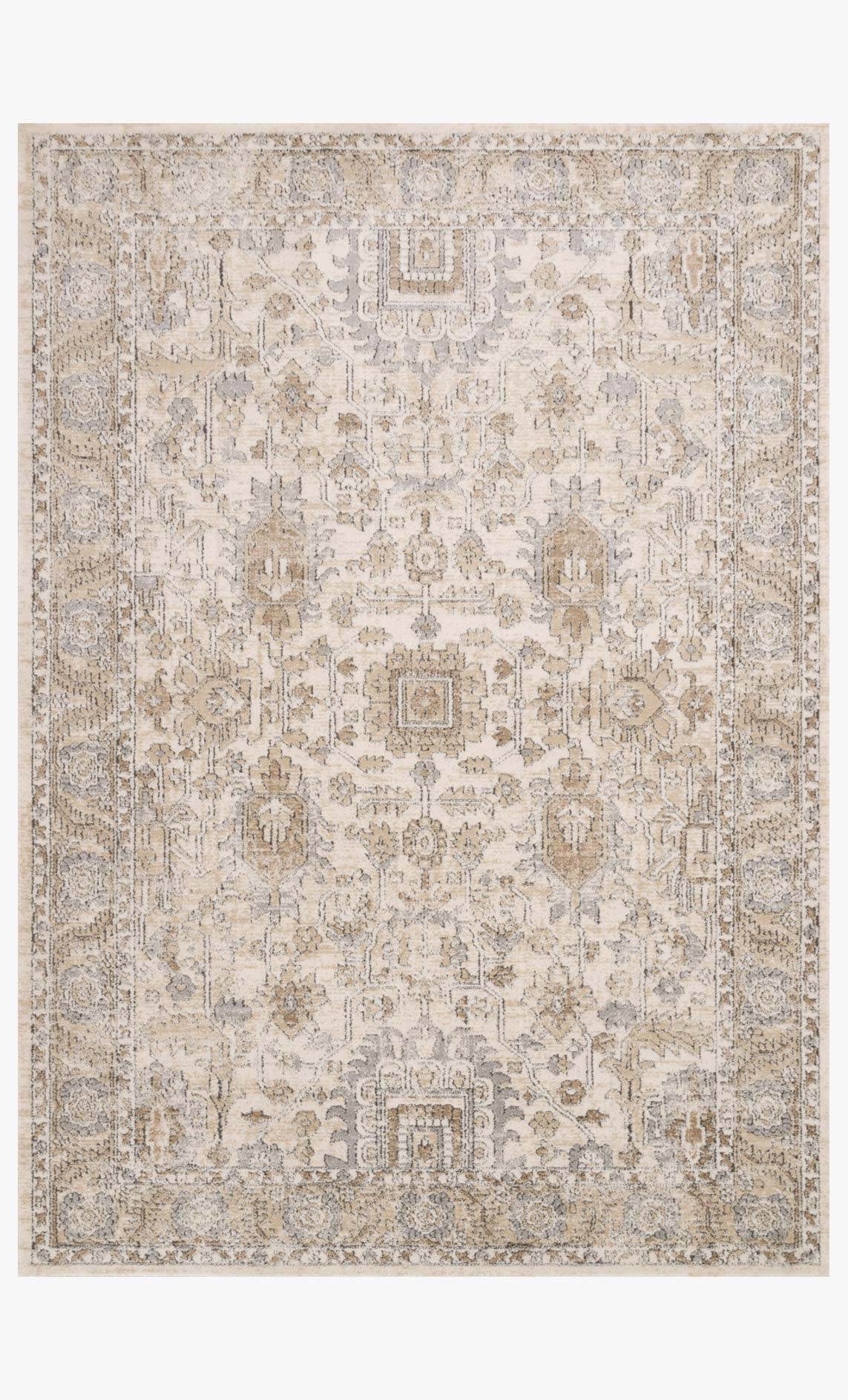 Ivory and sand power-loomed rug with detailed geometric pattern, flatweave look.