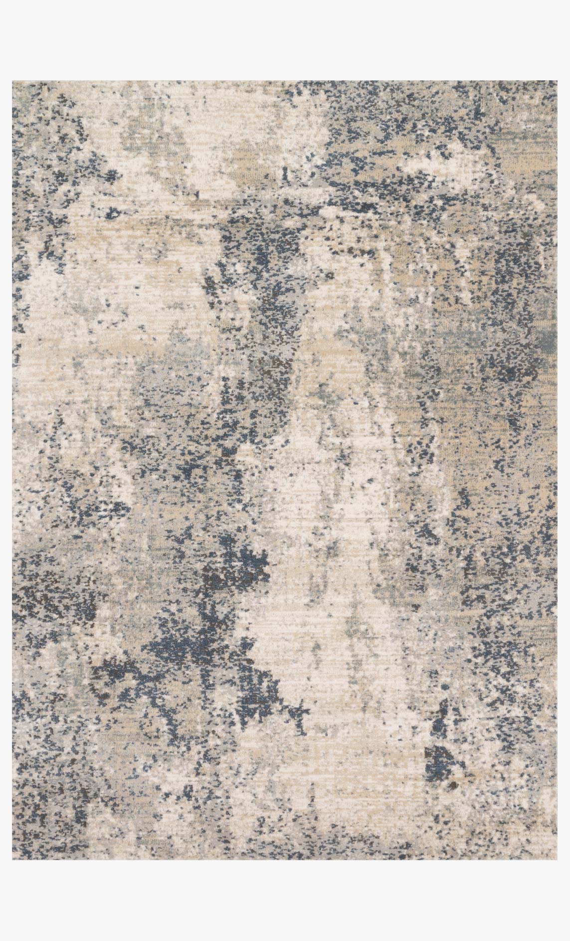 Power-loomed rug with natural cream base and scattered denim-blue distressed pattern