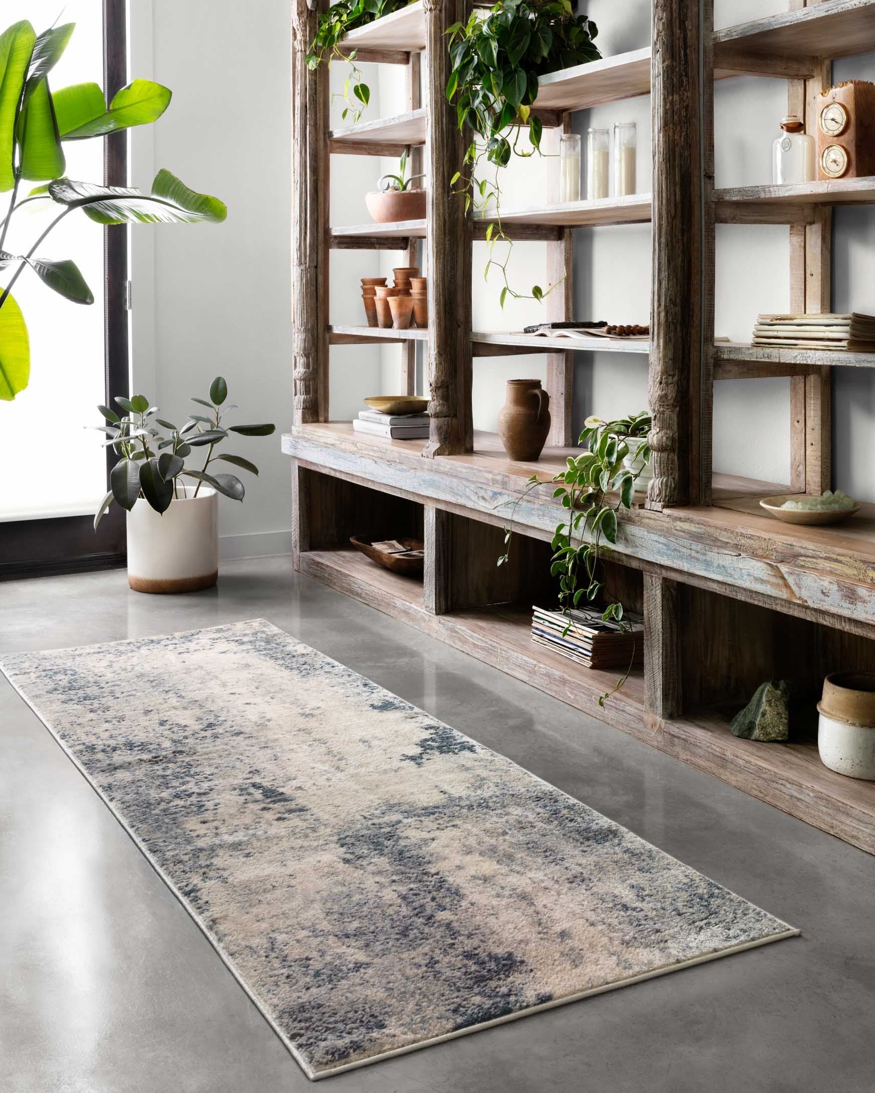 Natural cream and denim-blue power-loomed rug runner style, flat on the floor