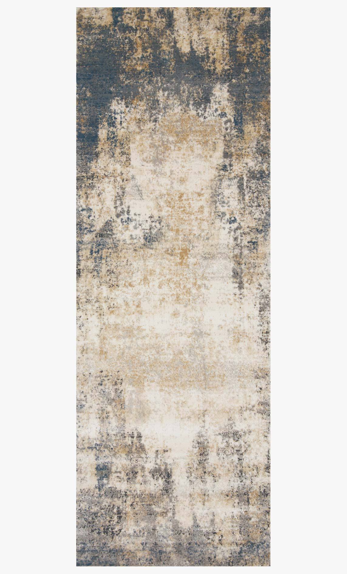 Ivory and mist distressed area rug with abstract motif and blue-gray vintage look.