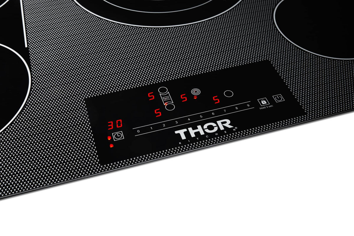 Thor 30-inch electric cooktop control panel with red digital timer and touch icons