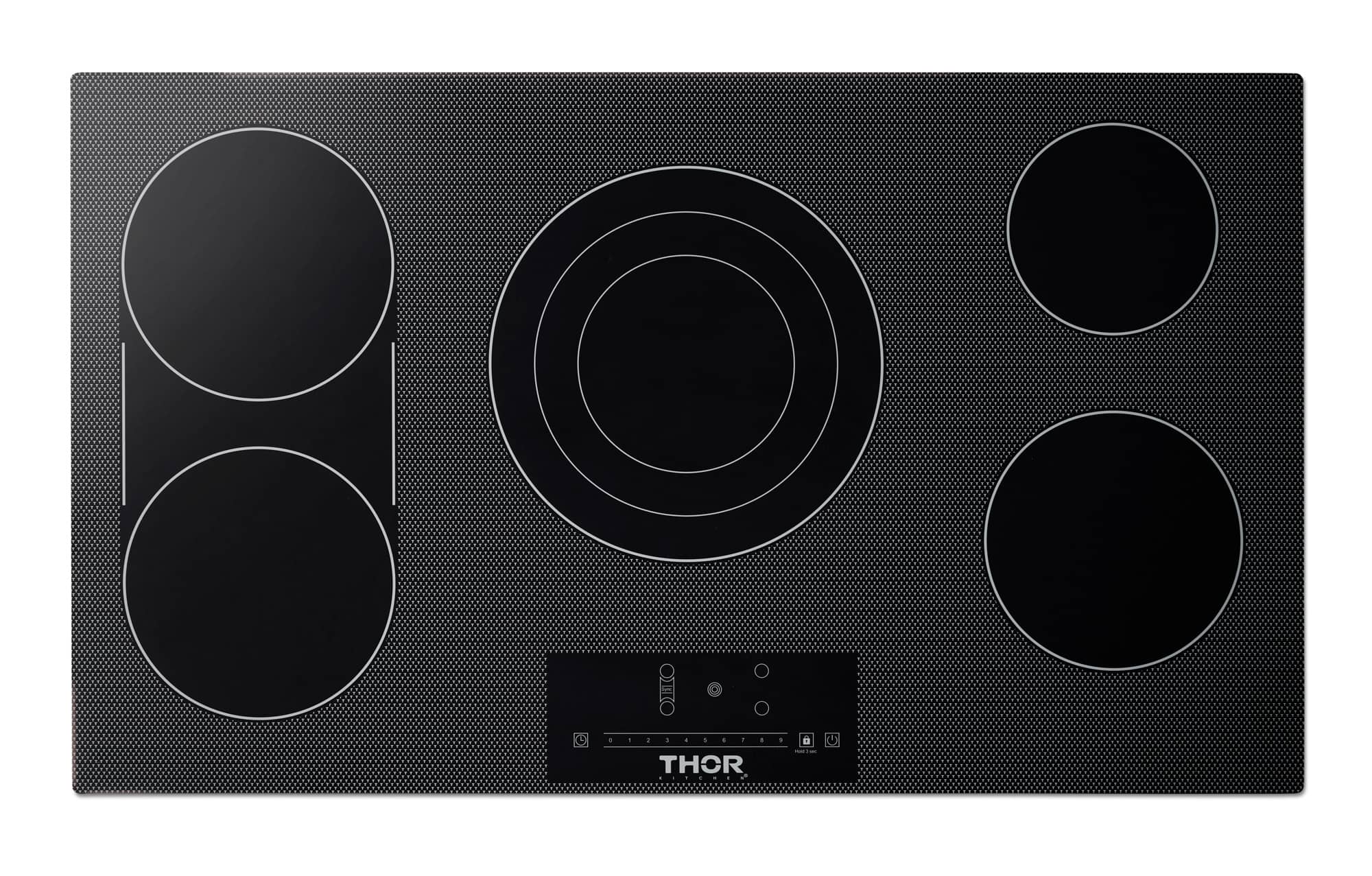 Black glass electric cooktop with five round burner rings and center touch controls