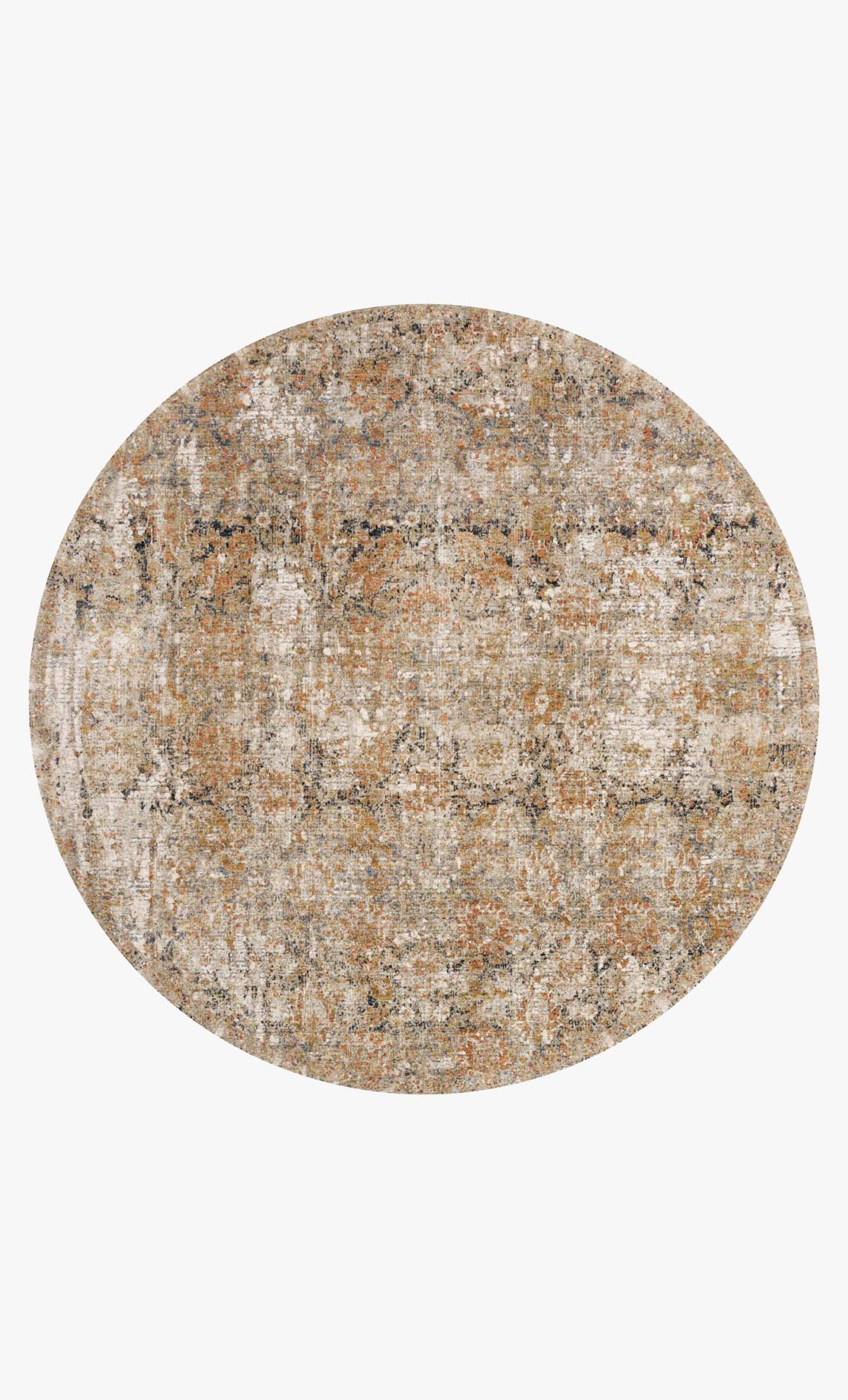 Round area rug in taupe and gold with textured speckled abstract distressed pattern