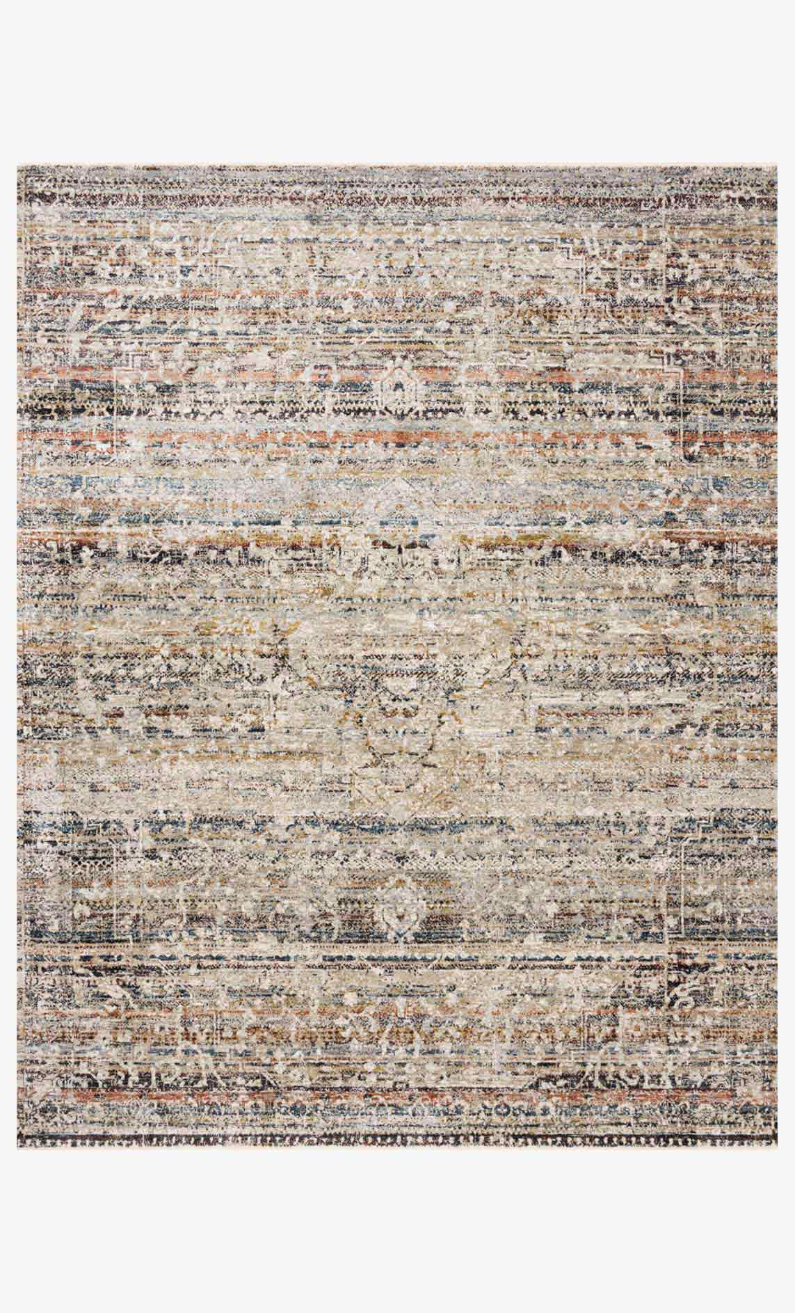 Taupe area rug with multicolor abstract linear pattern, power-loomed texture