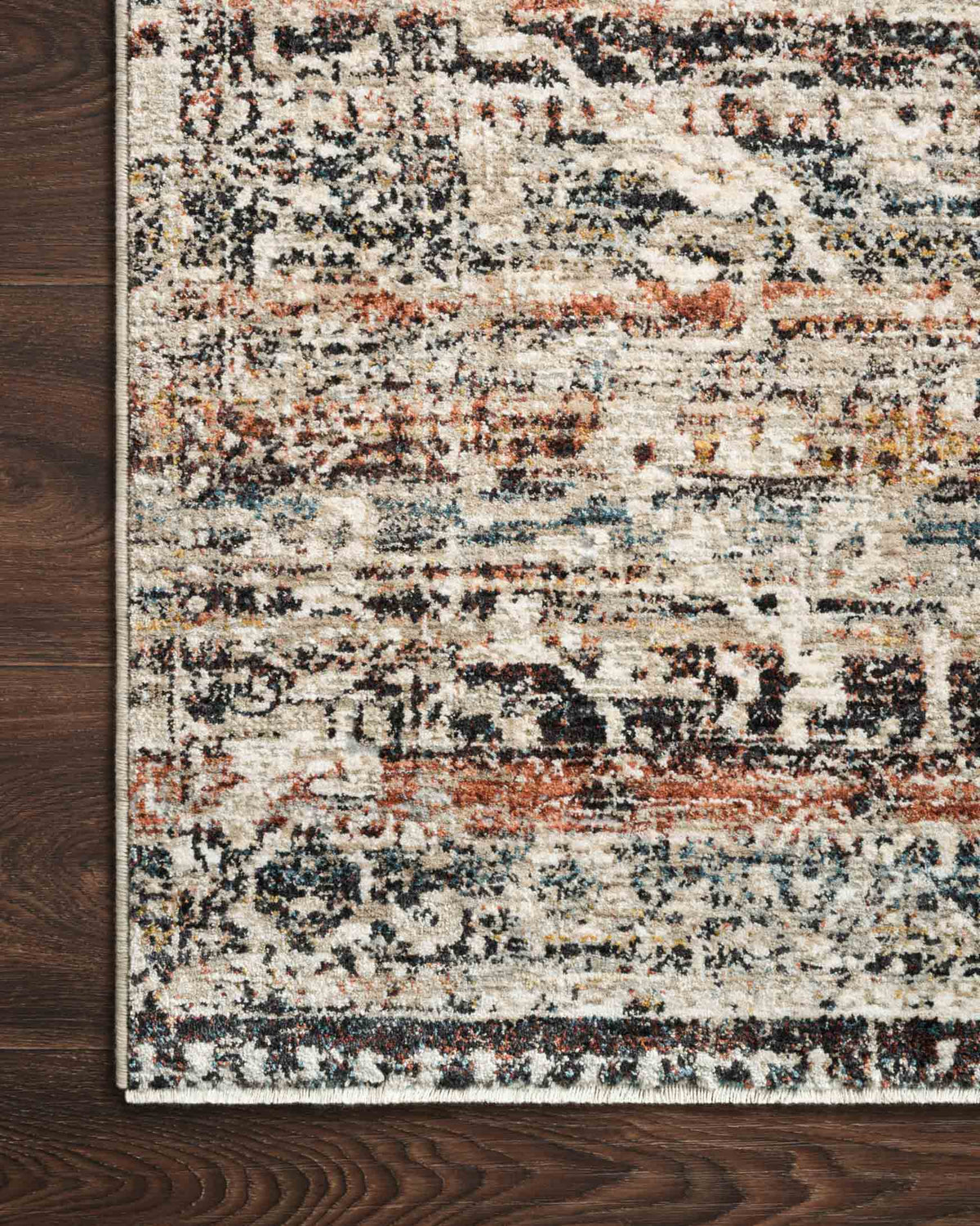 Multicolor abstract taupe area rug with flat woven look