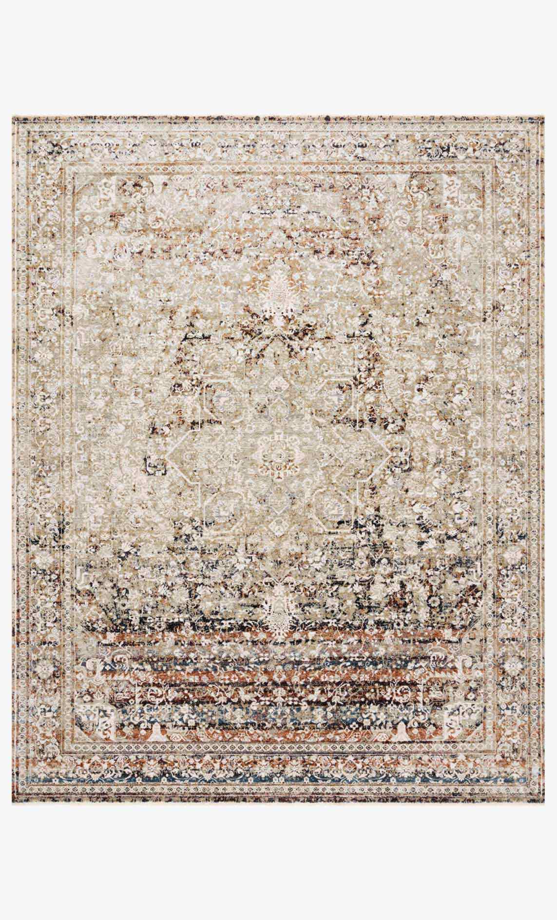 Taupe-and-brick traditional power-loomed rug with ornate distressed medallion border