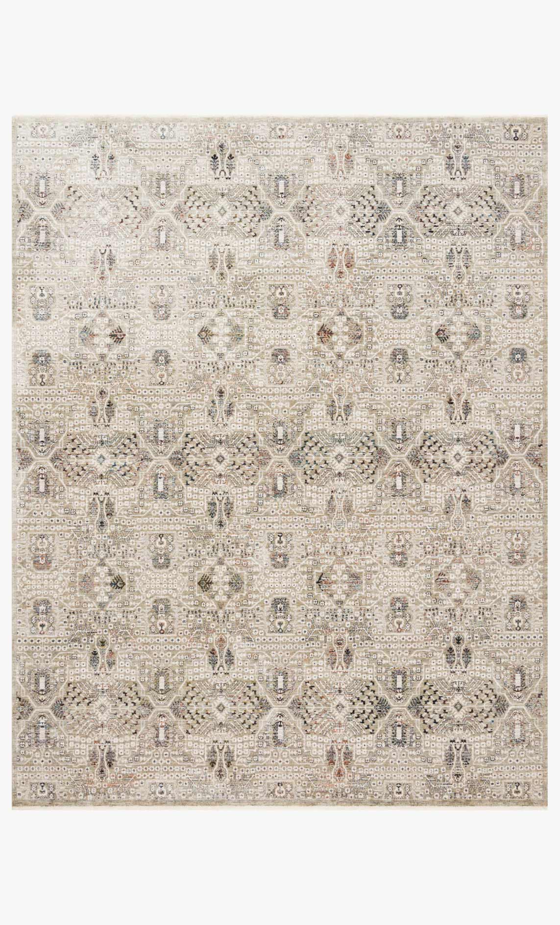 Traditional power-loomed rug with ivory and gray geometric motifs, full view