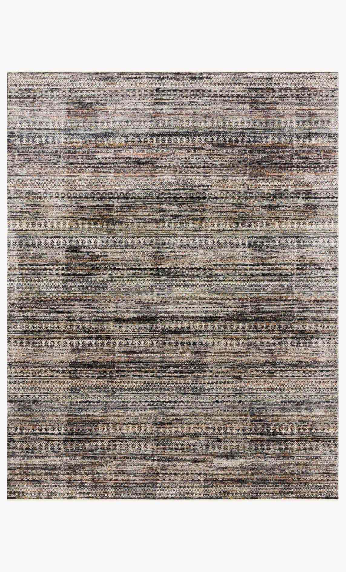 Traditional power-loomed area rug with grey, beige, and black striped pattern