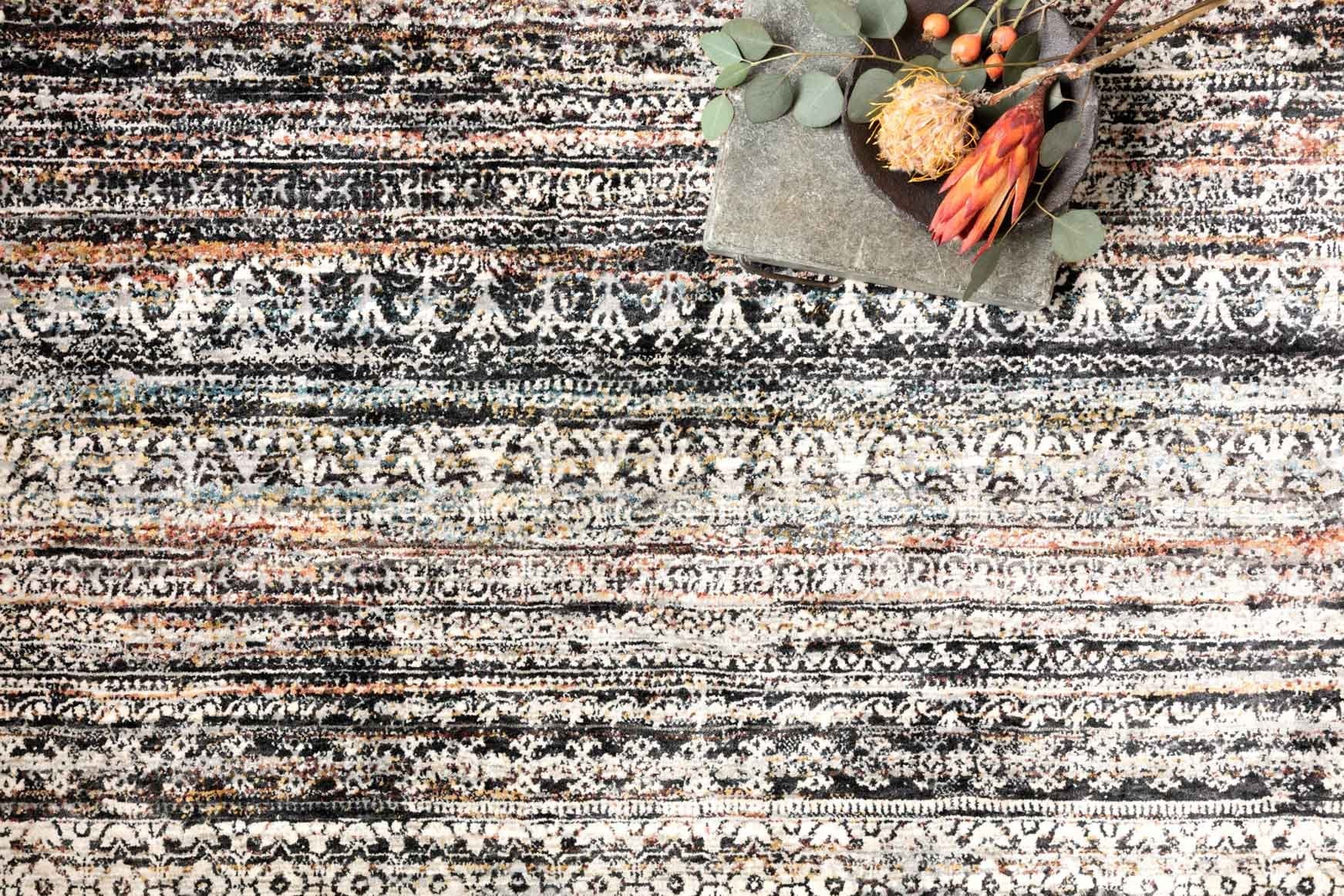 Grey and cream area rug with ornate geometric bands and textured speckling