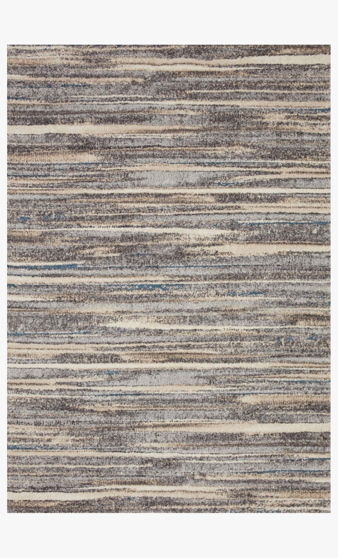 Transitional power-loomed rug with horizontal mist and beige stripes, textured short pile.