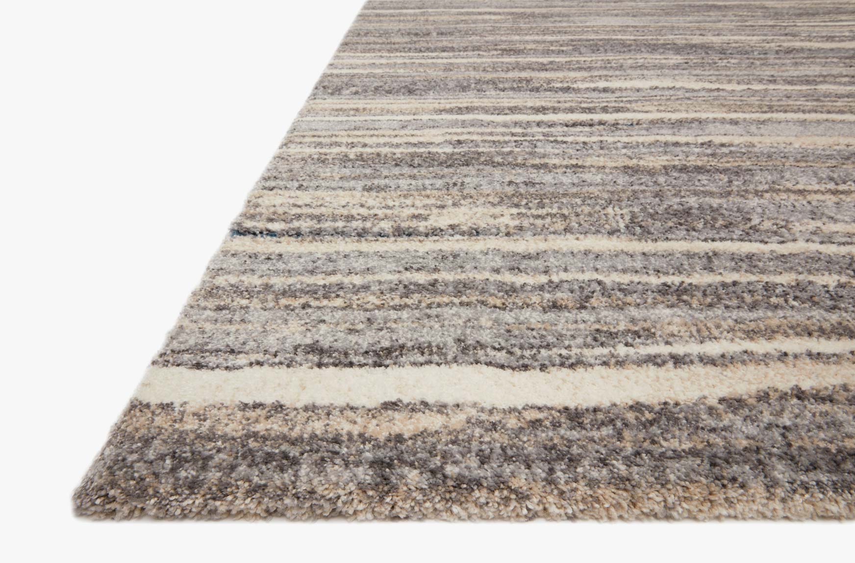Corner view rug with horizontal mist-gray and beige stripes, textured short pile.