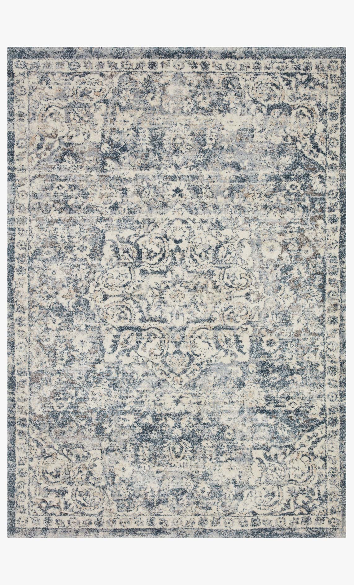 Transitional power loomed rug with ivory base and blue distressed ornate pattern, bordered