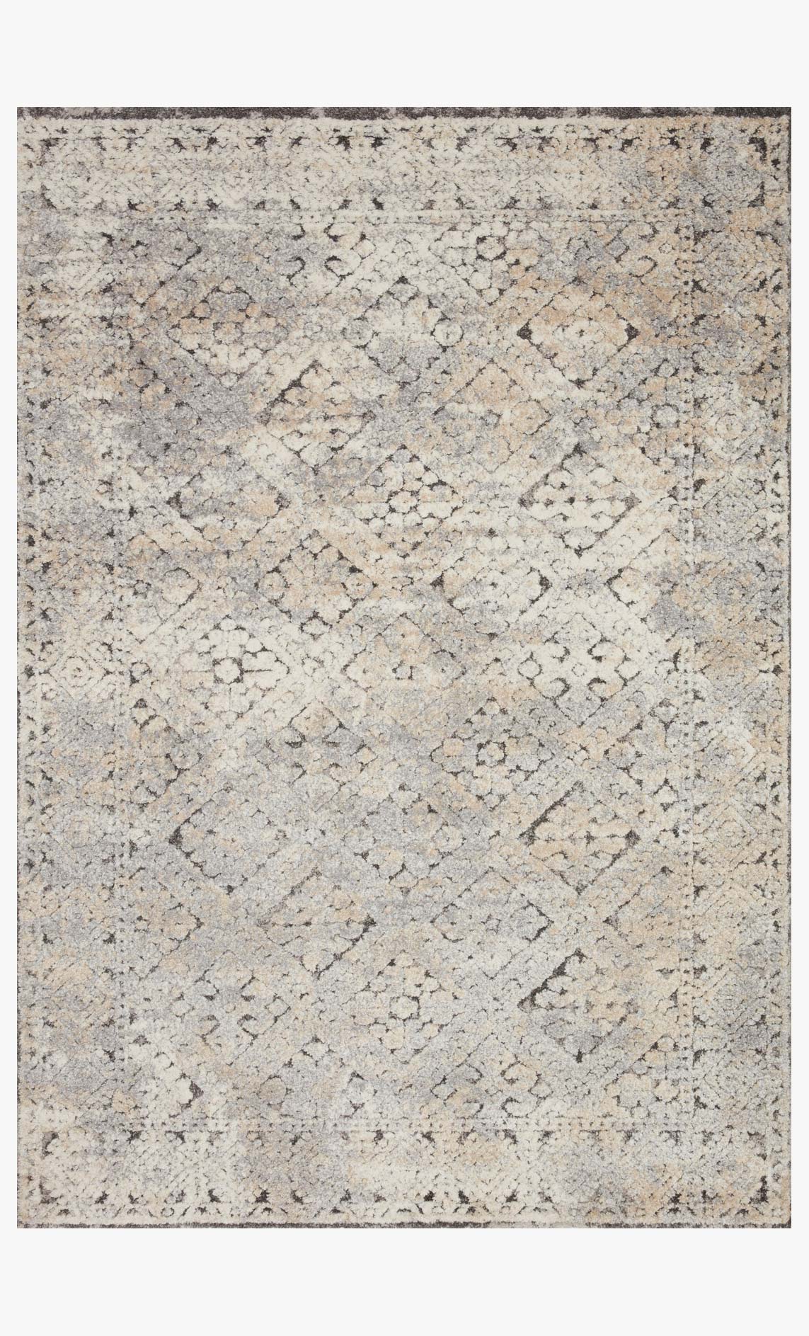 Grey and sand power-loomed area rug with geometric diamond pattern and mottled texture