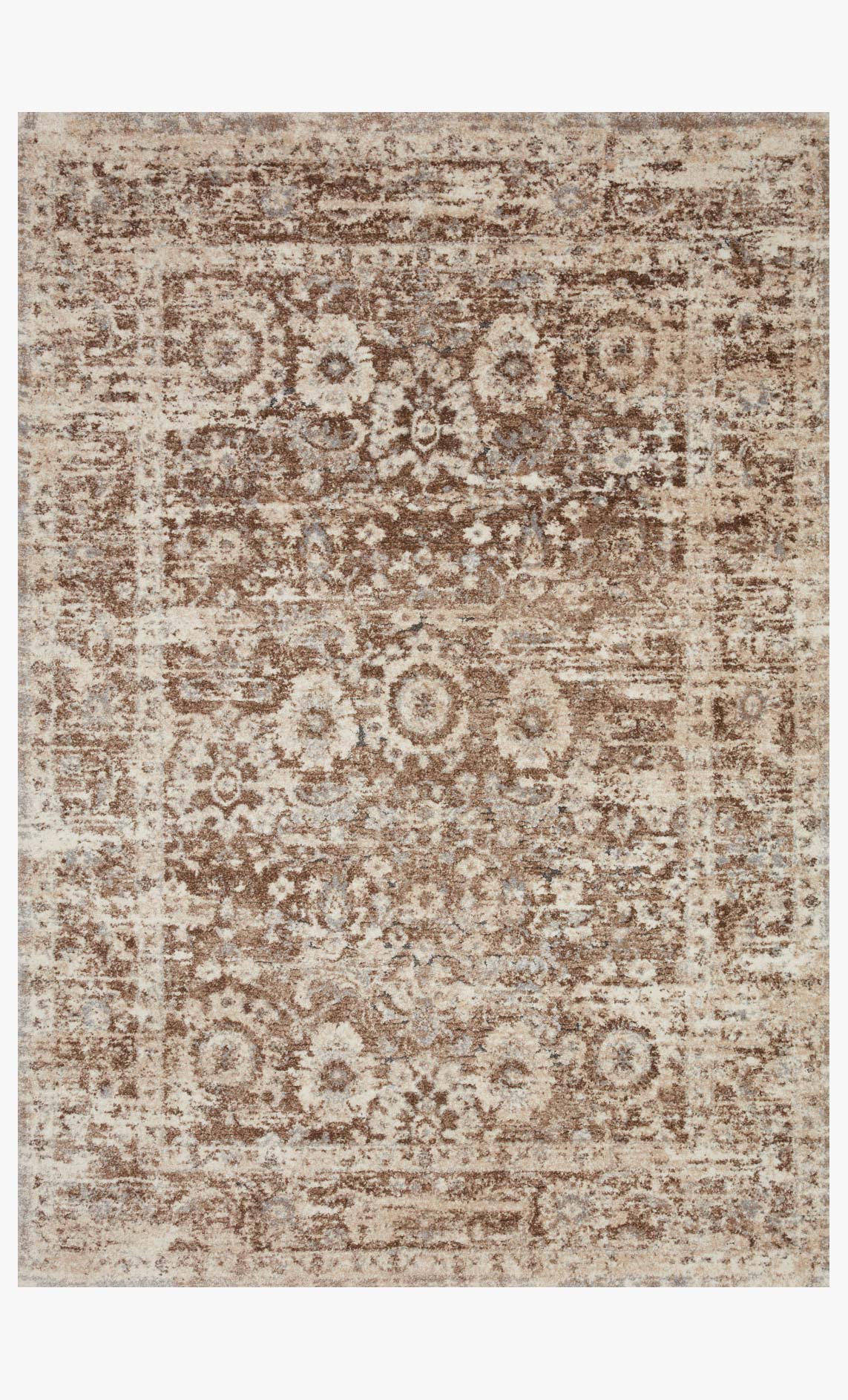 Transitional power-loomed rug in natural and mocha with distressed medallion pattern