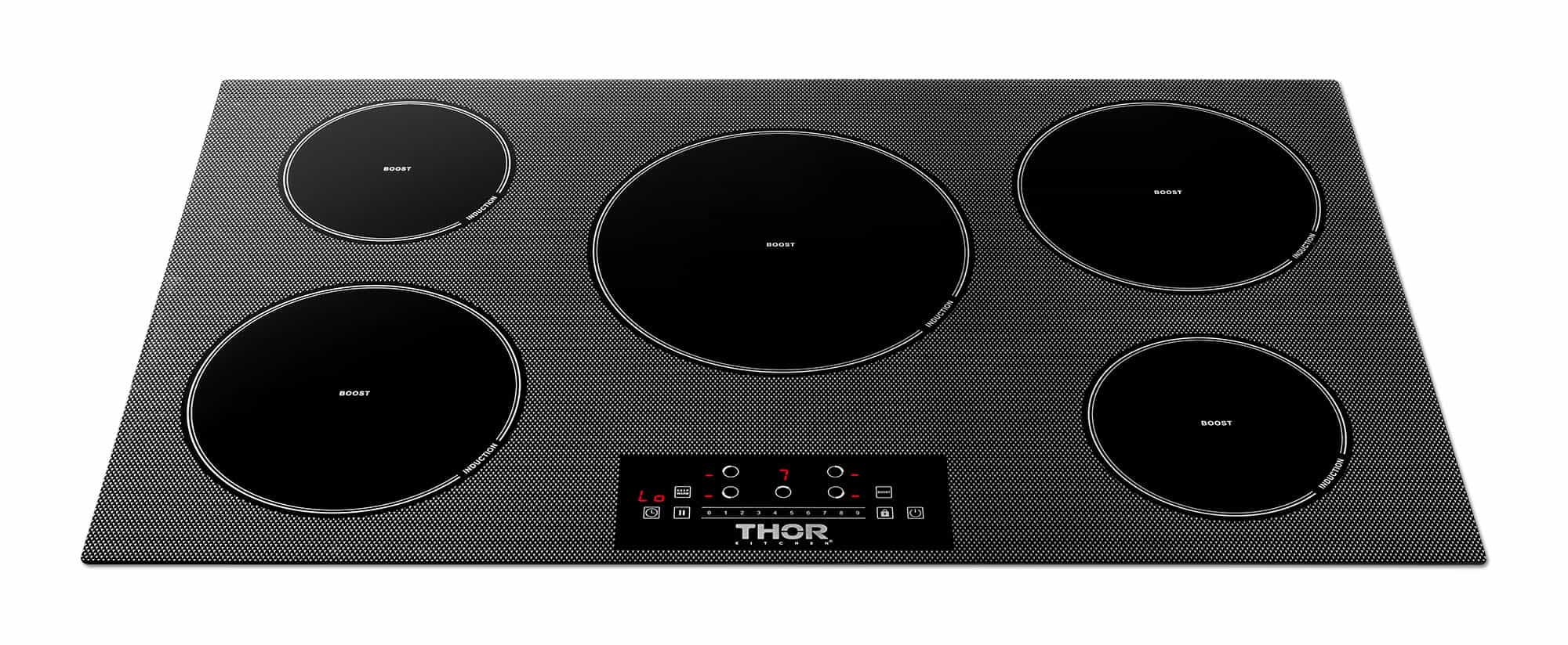 Black 5-burner induction cooktop with five circular heating zones and lit display