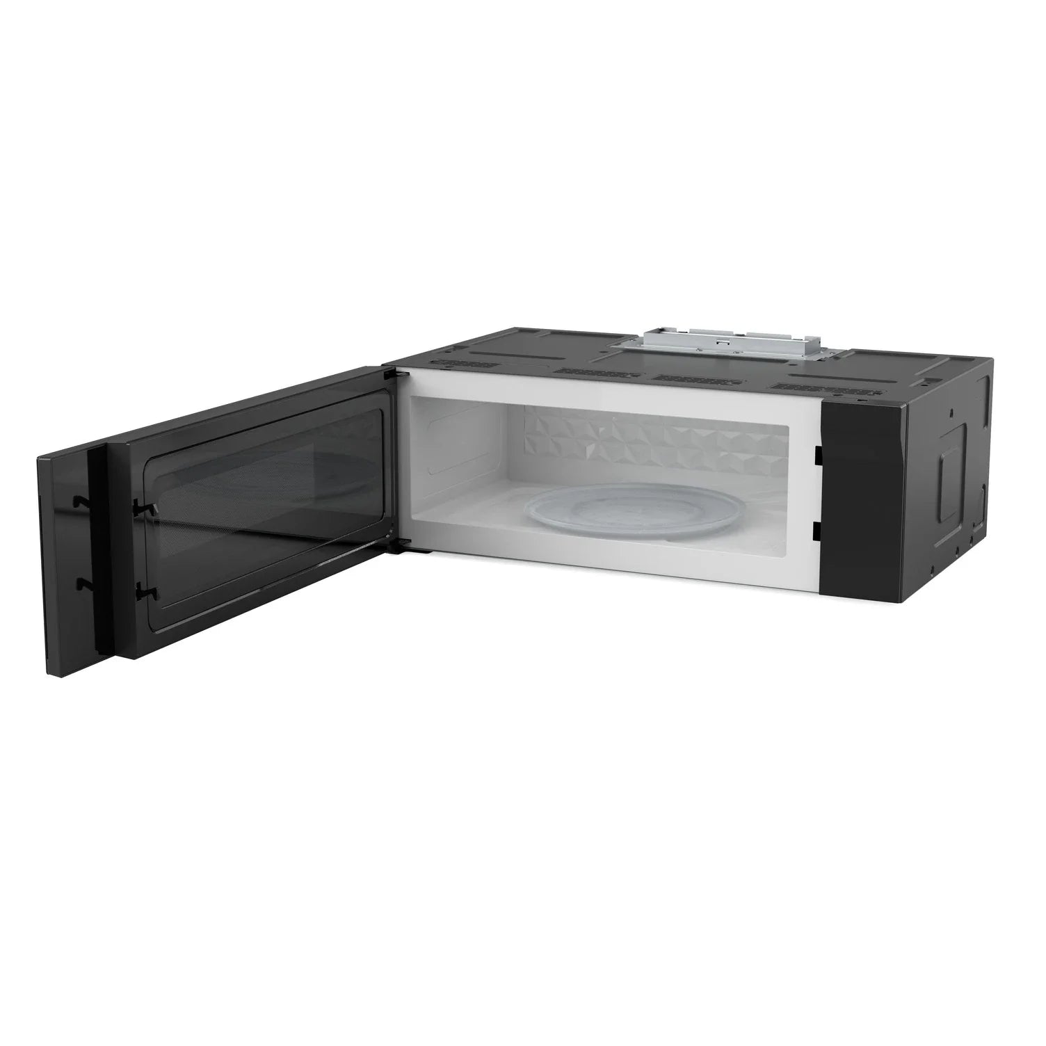 Over-the-range microwave with open door, interior lighted cavity and black exterior housing.