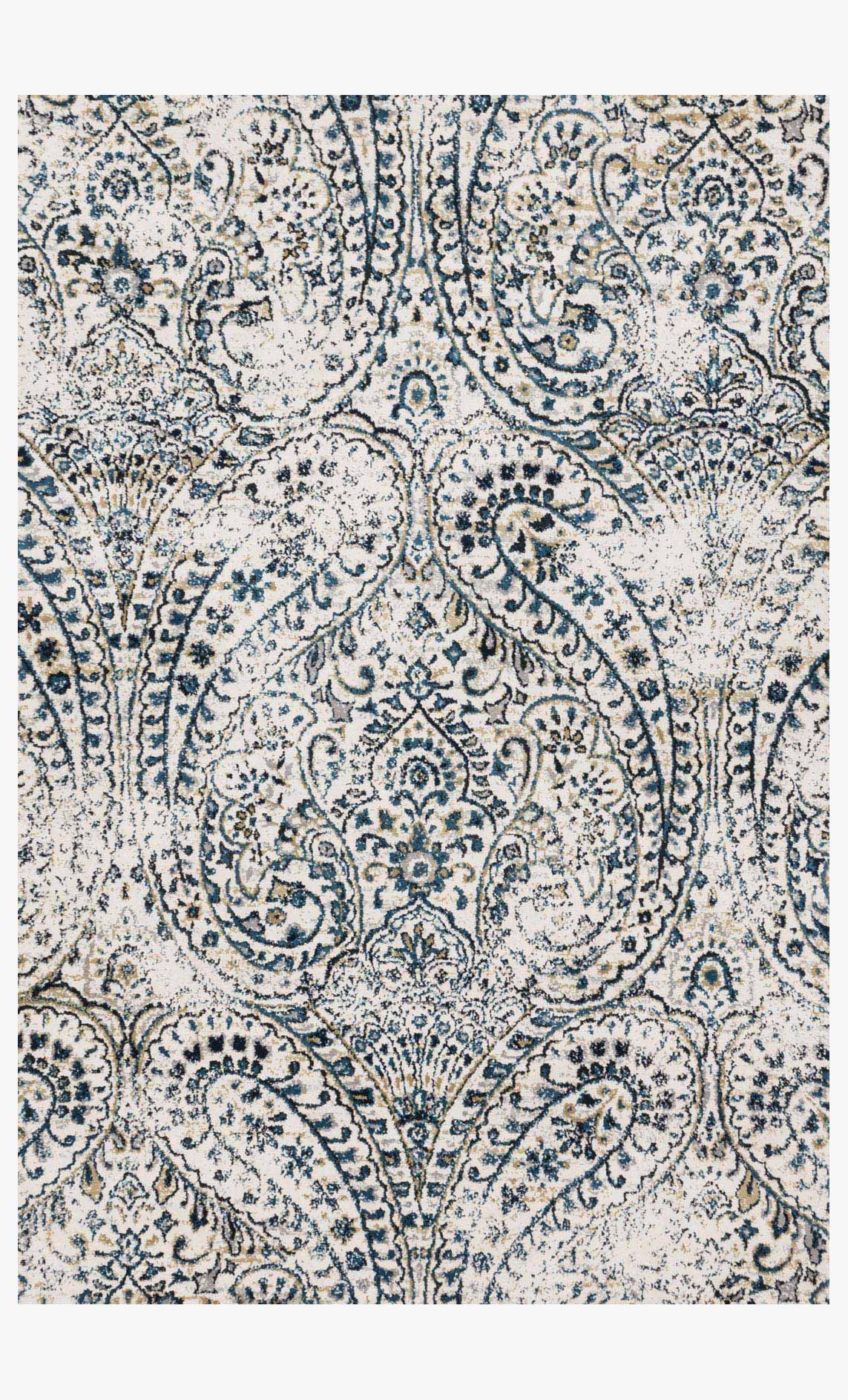 Transitional power-loomed rug with ivory base and indigo ornate damask medallions