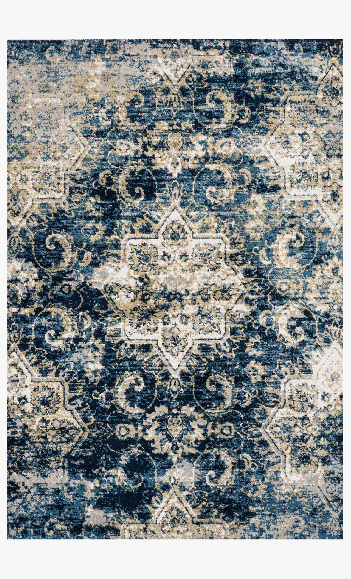 Navy and ivory transitional power-loomed rug with ornate damask medallion pattern