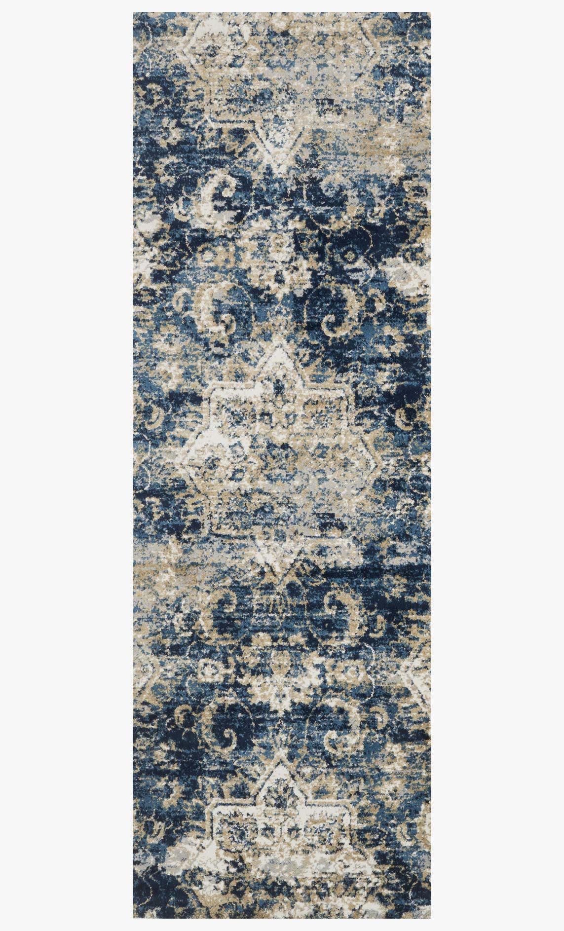Navy and ivory transitional rug with symmetrical medallion and scrollwork pattern