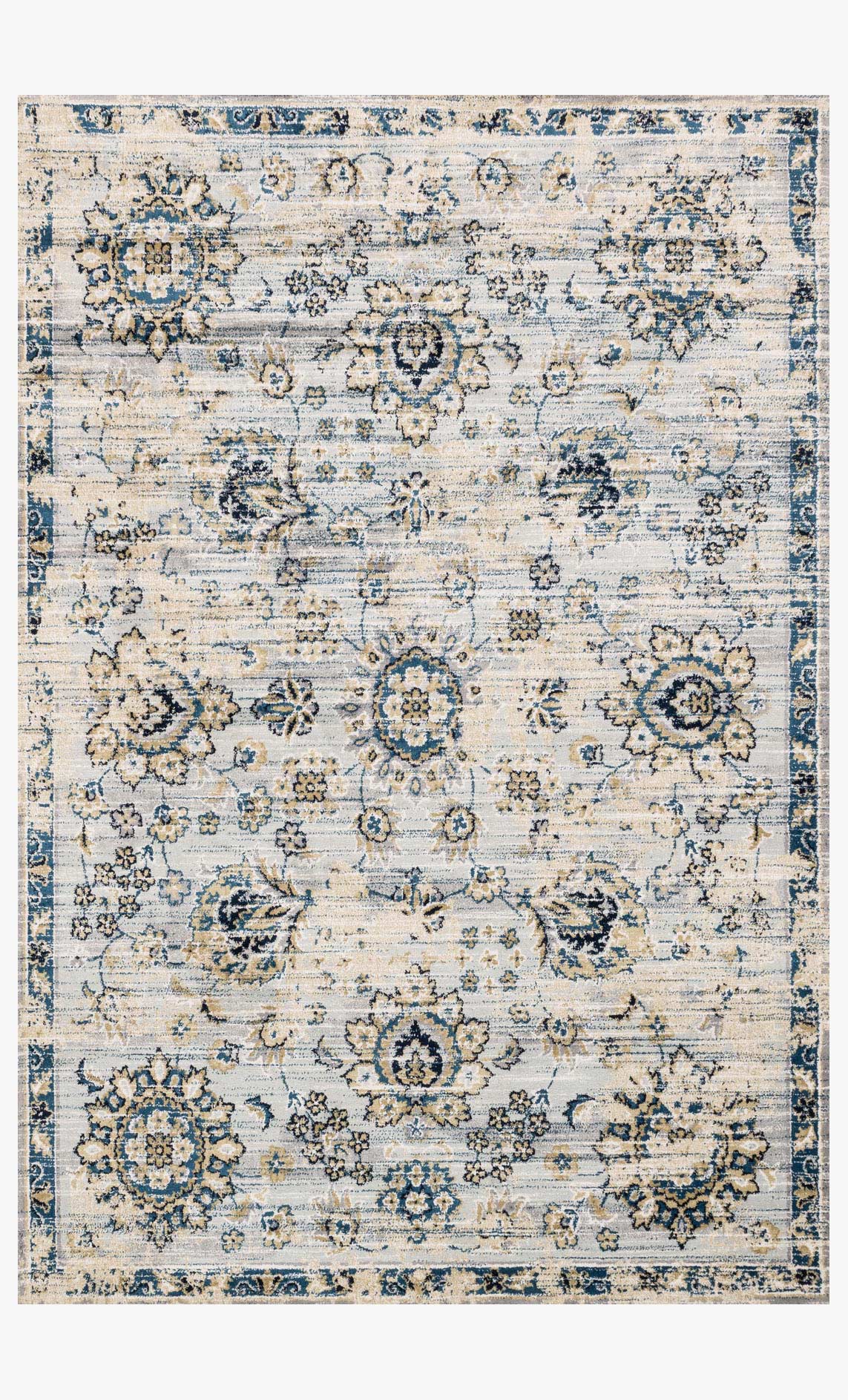 Transitional power-loomed rug with distressed medallion pattern, grey and navy