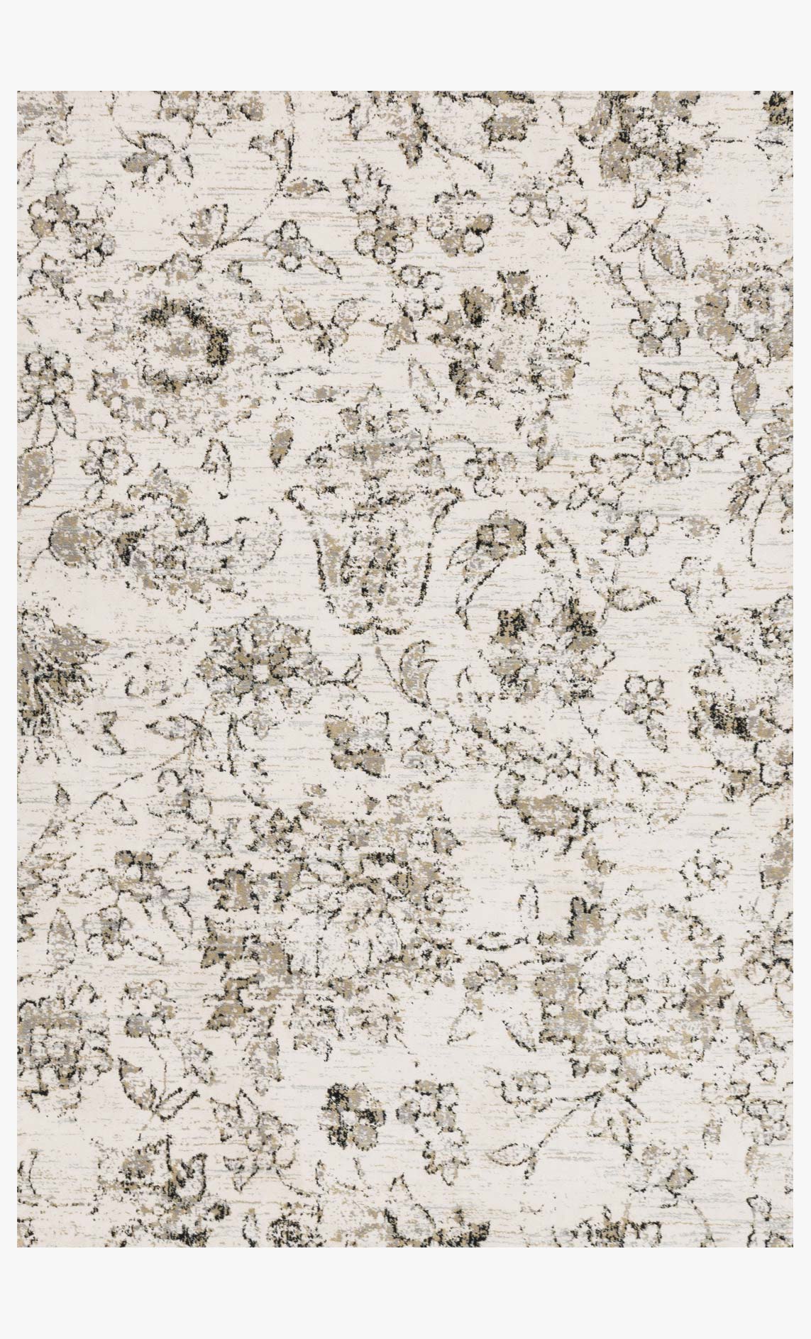 Ivory power-loomed rug with black distressed floral pattern, transitional design
