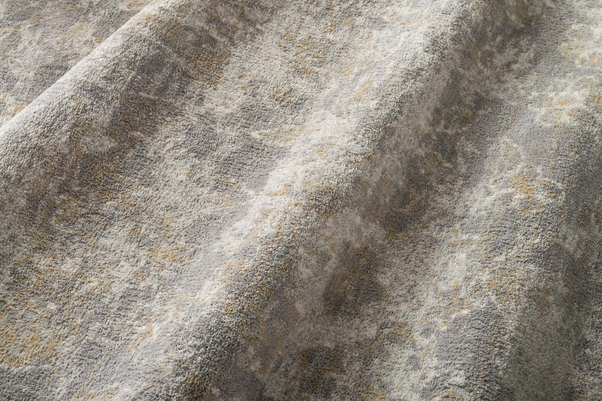 Transitional rug corner angle with soft pile and gray-beige abstract texture