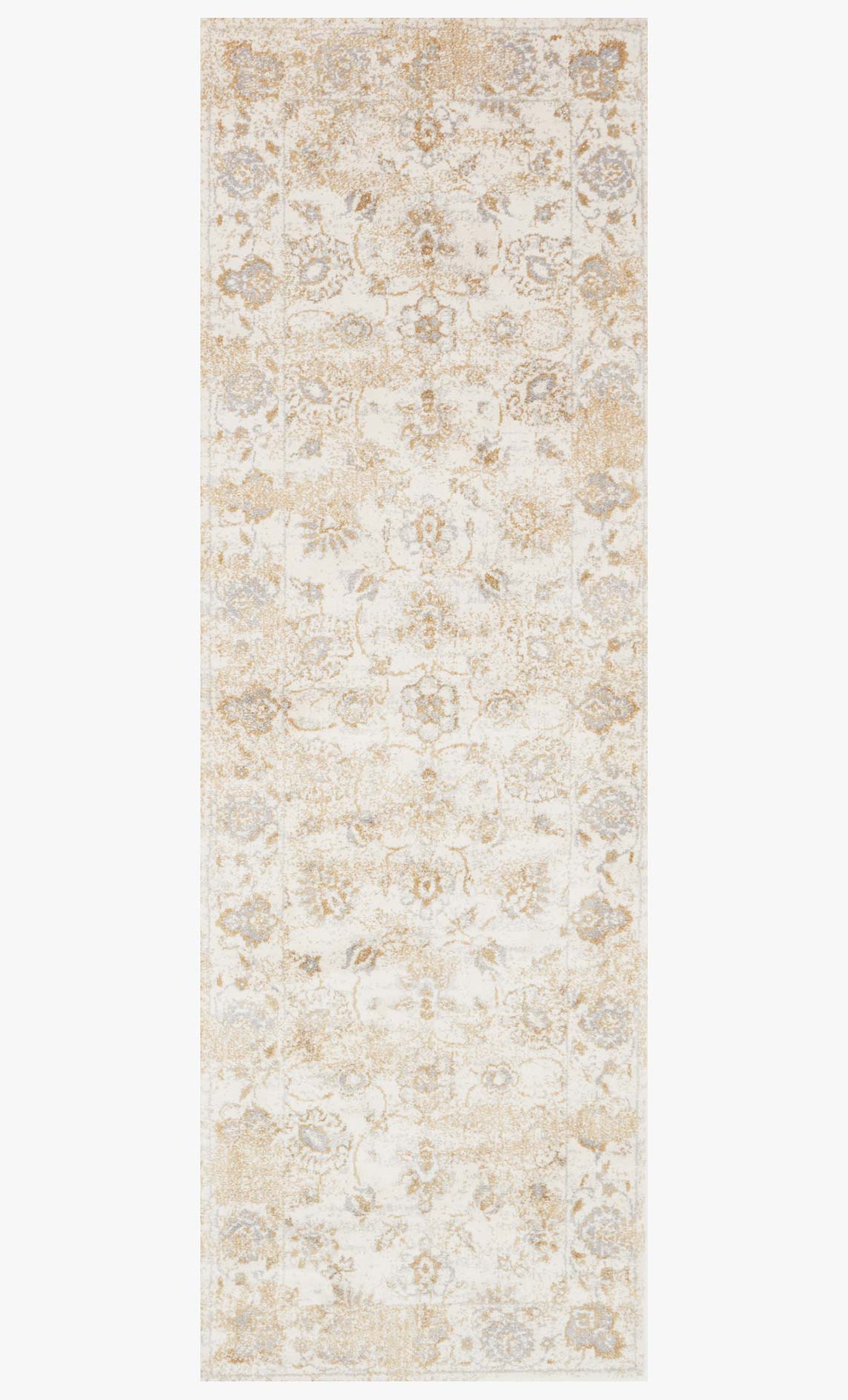 Ivory transitional power-loomed rug runner with ornate distressed floral design