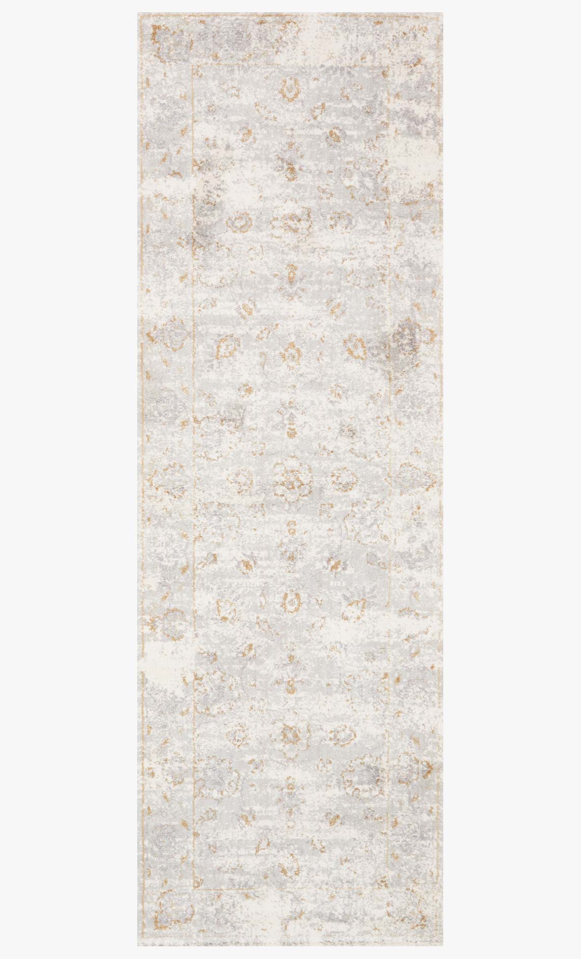 Transitional power-loomed rug in light gray with gold distressed pattern and border