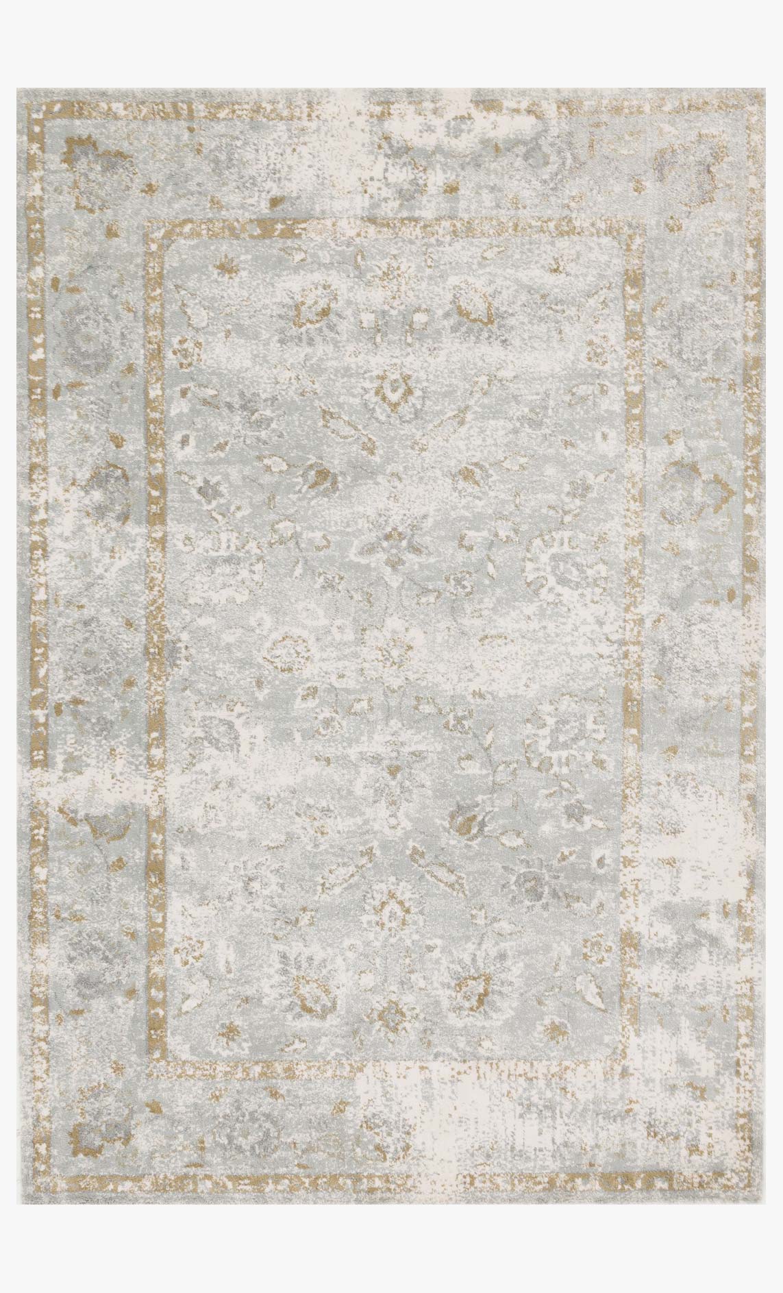 Transitional power-loomed rug with distressed medallion pattern, light gray and gold flecks