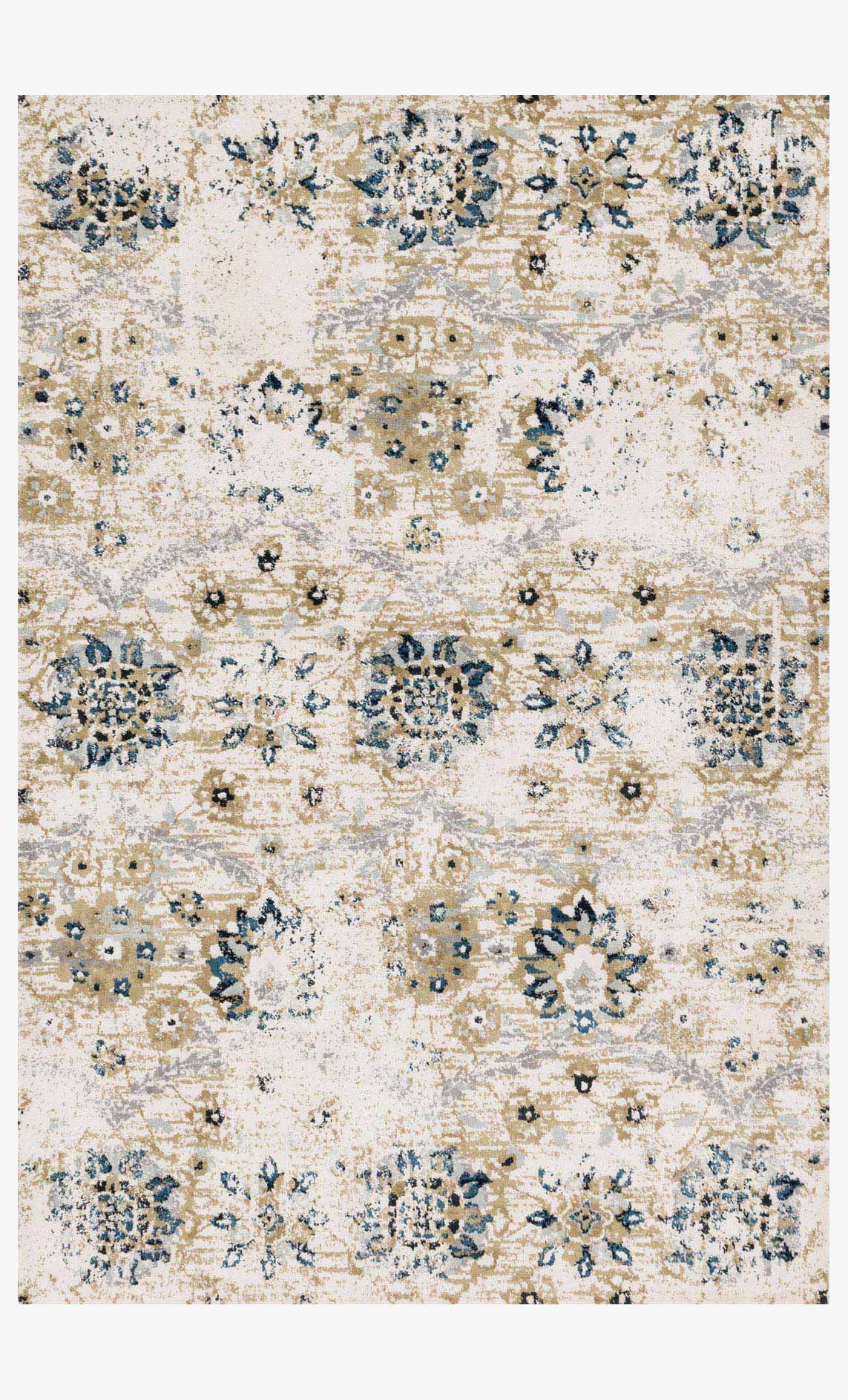 Ivory transitional power-loomed rug with blue floral medallion pattern, rectangular