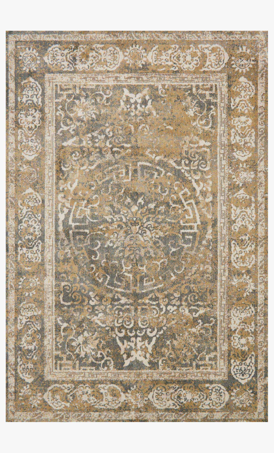 Transitional power-loomed rug with beige and grey ornate medallion pattern, bordered design
