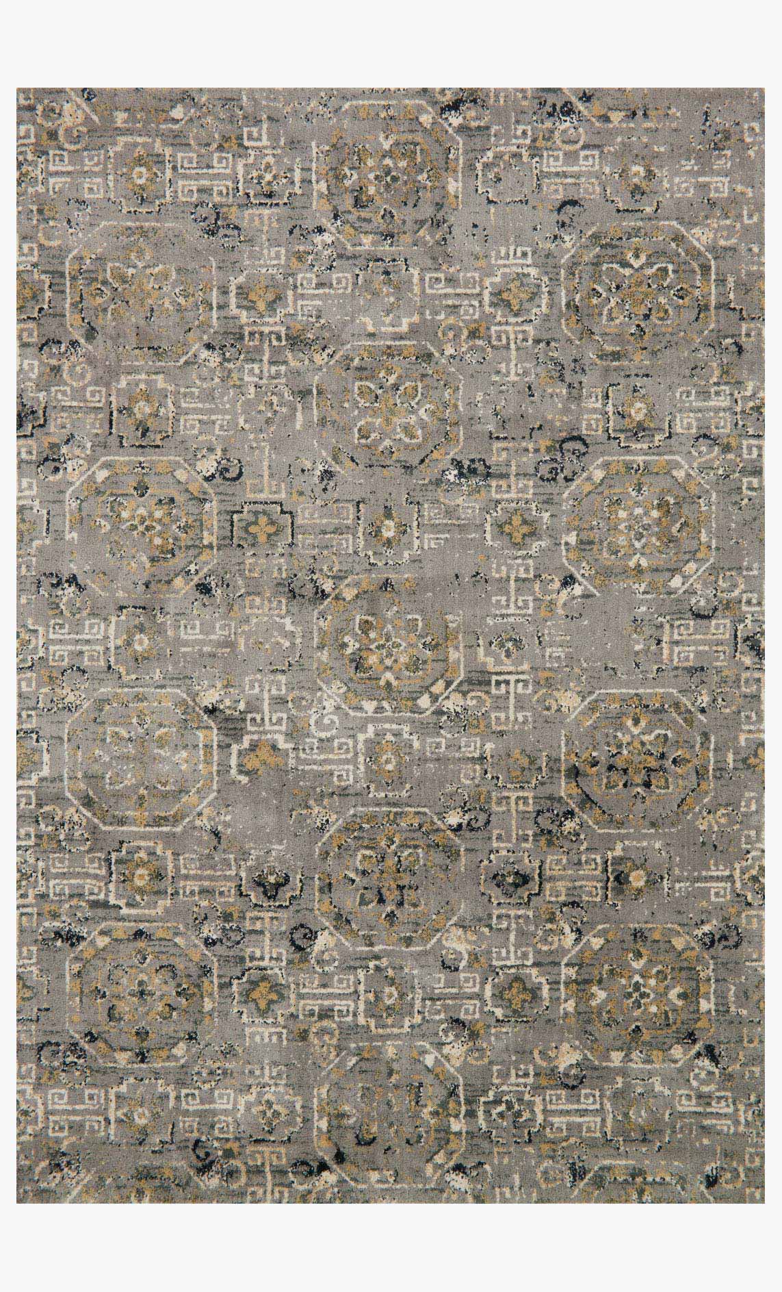Grey transitional area rug with distressed geometric and medallion pattern