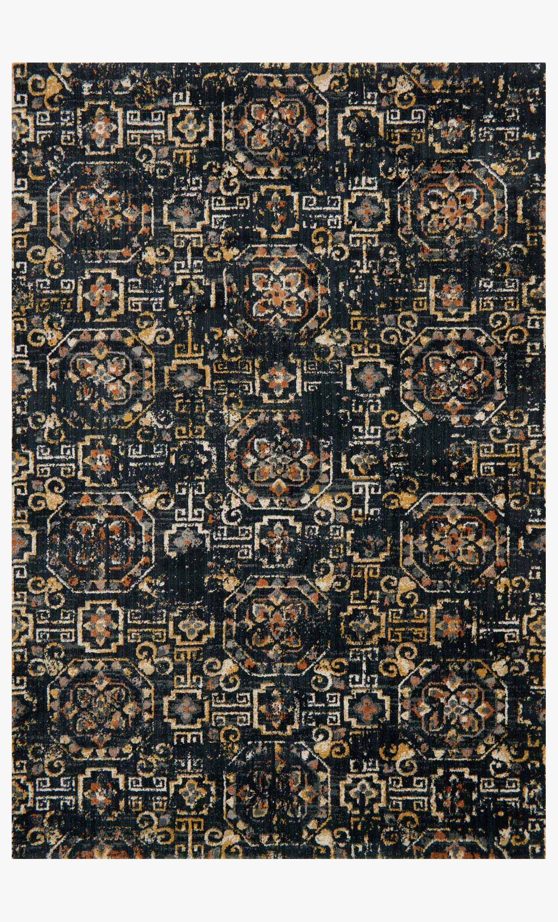 Midnight patterned rug with ornate medallions and geometric motifs in gold and rust