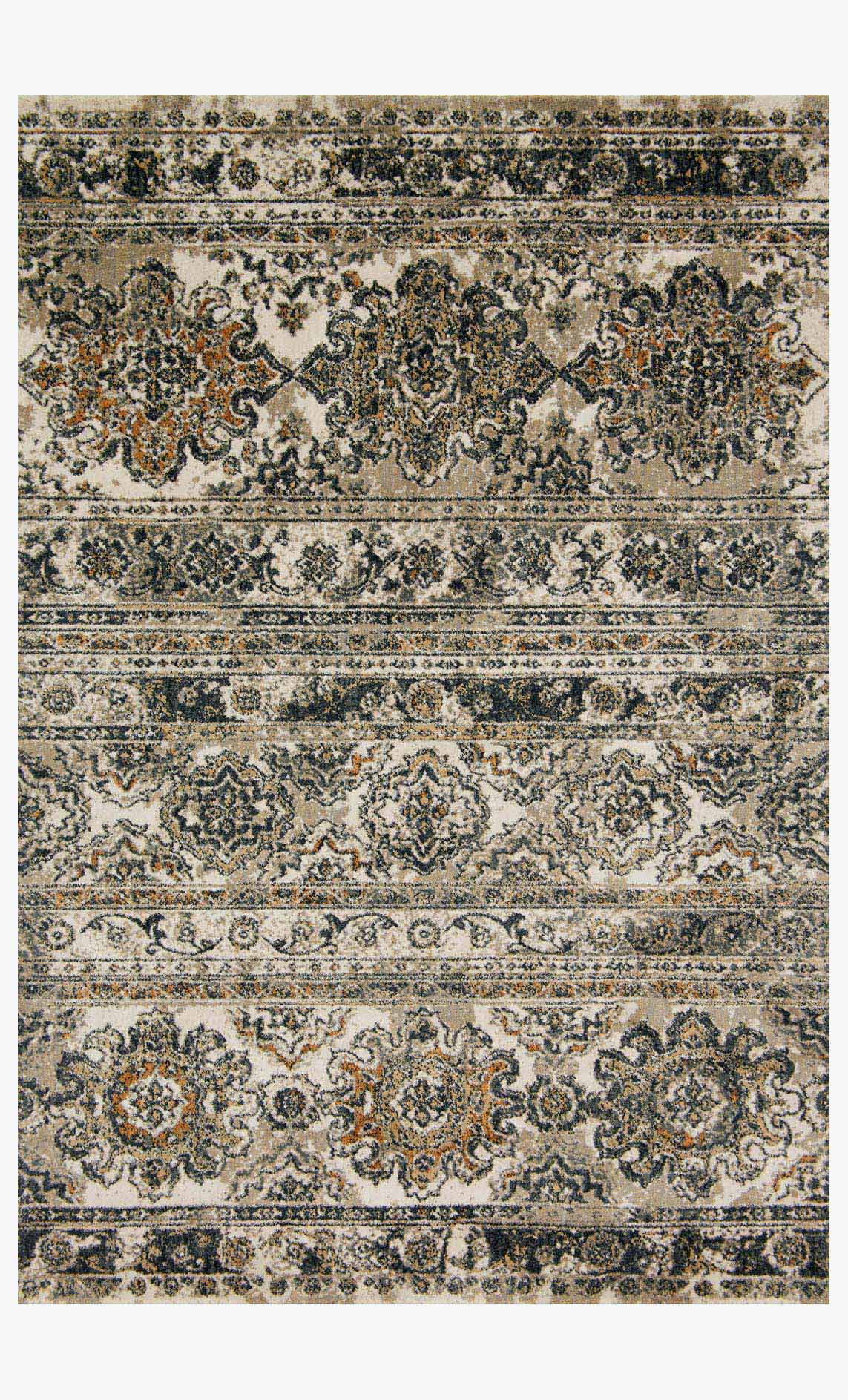Transitional power-loomed rug in taupe with ornate dark navy and cream medallion border
