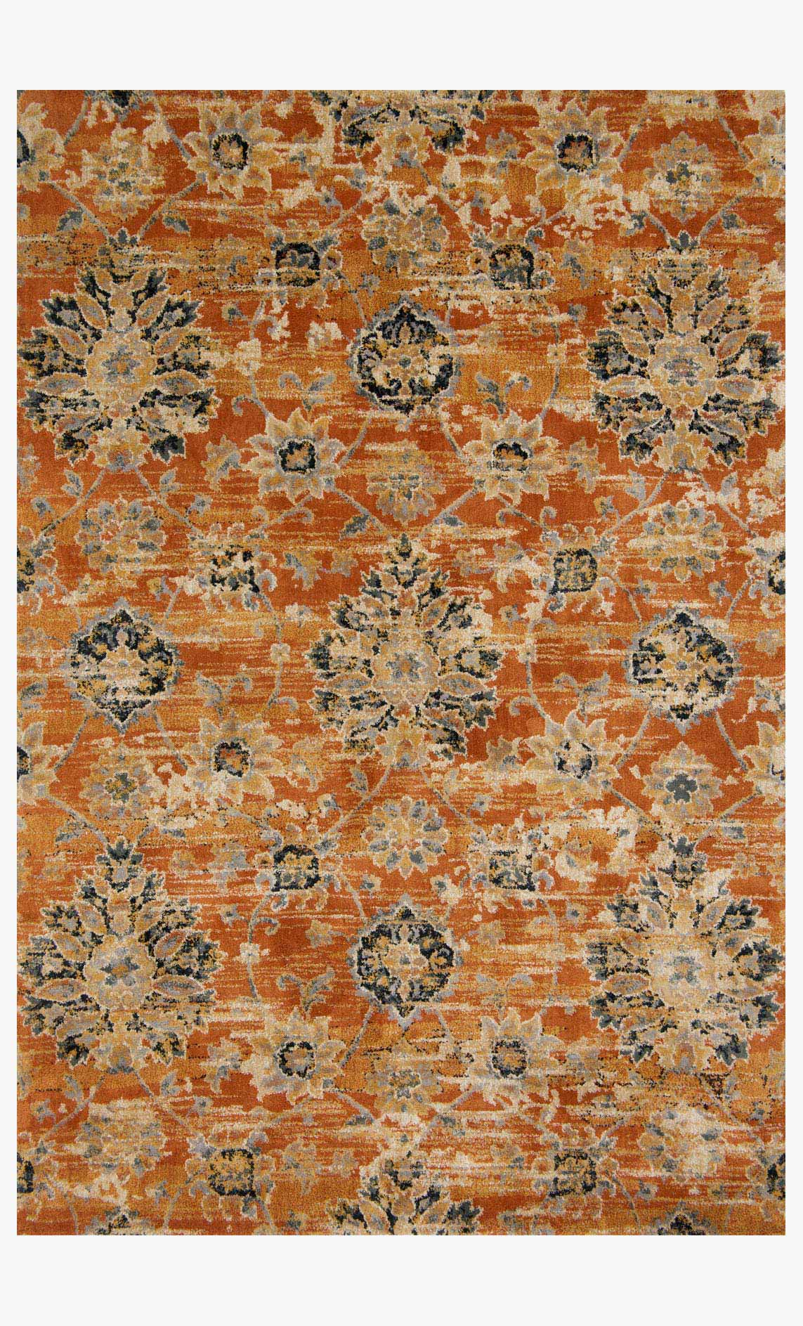 Rust-orange transitional power-loomed rug with distressed floral medallion pattern