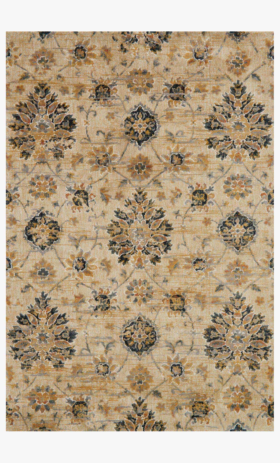 Transitional power-loomed rug, sand base with navy and rust ornate medallion pattern