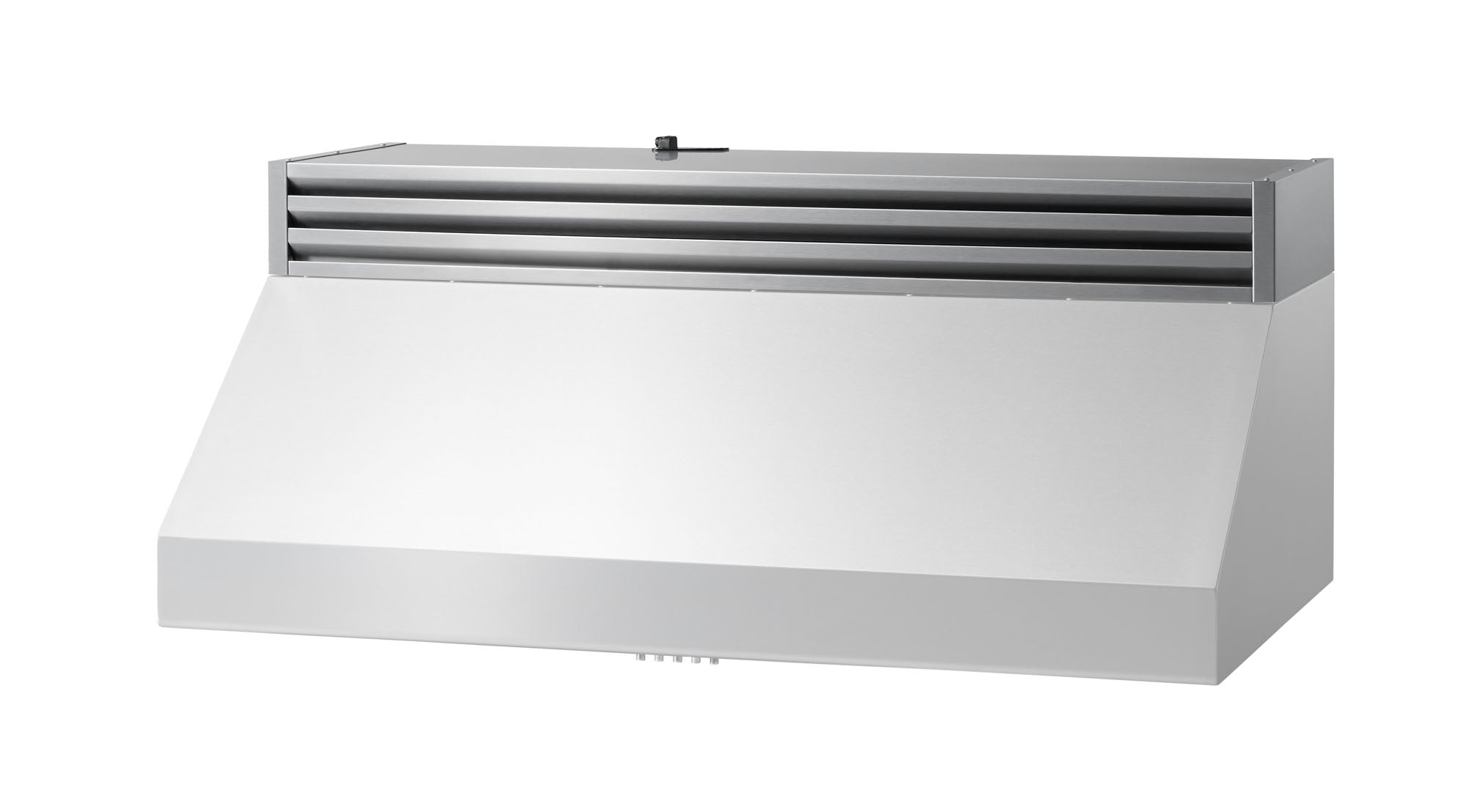 Silver under-cabinet recirculating vent box with louvered front