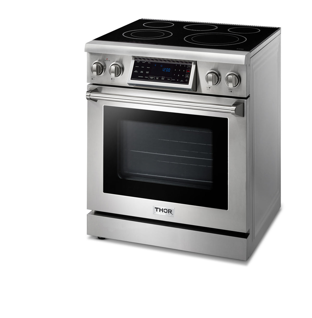 Stainless steel electric range with black glass cooktop and oven window