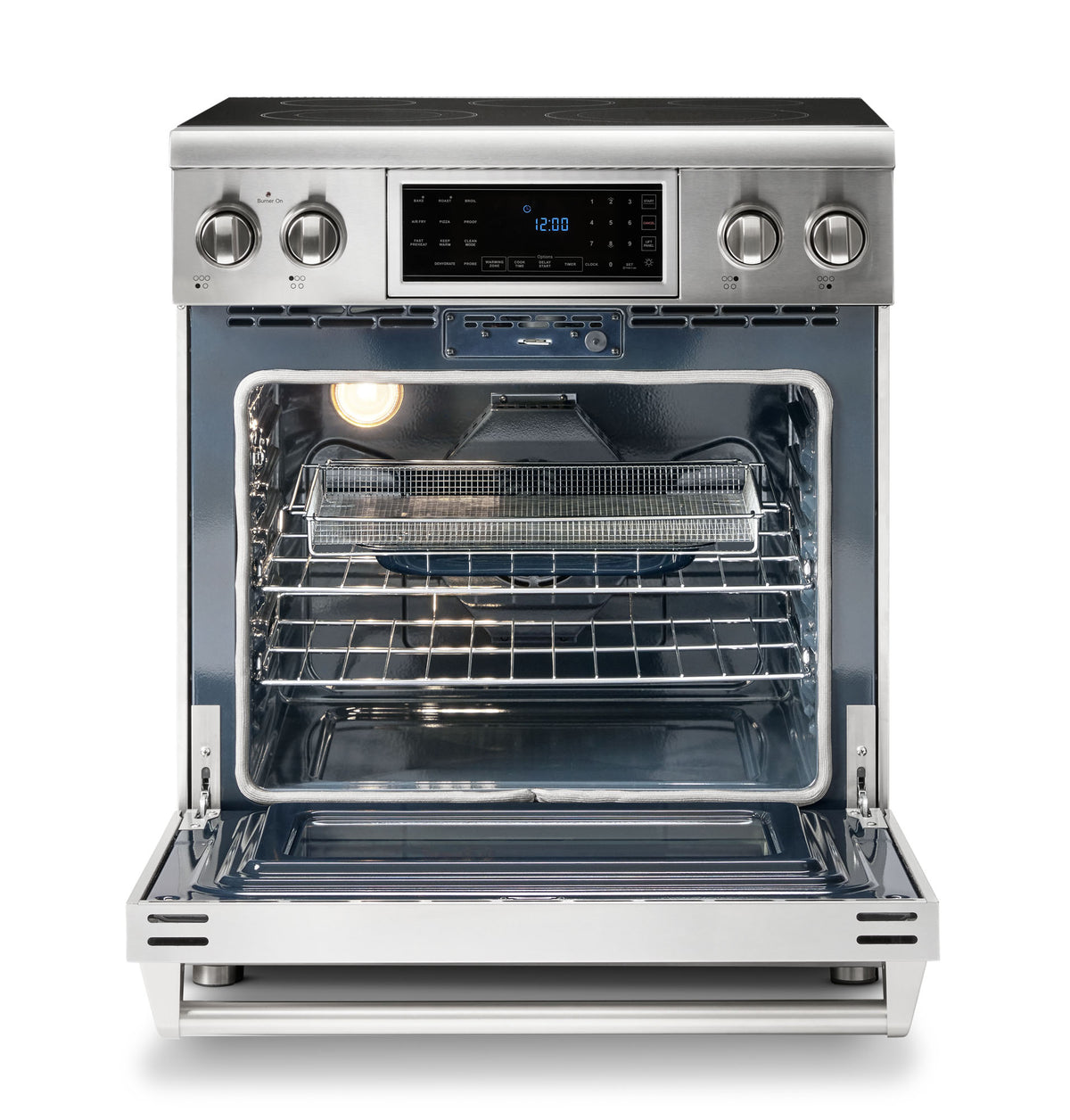 Stainless steel electric range oven with interior light, fan, and racks