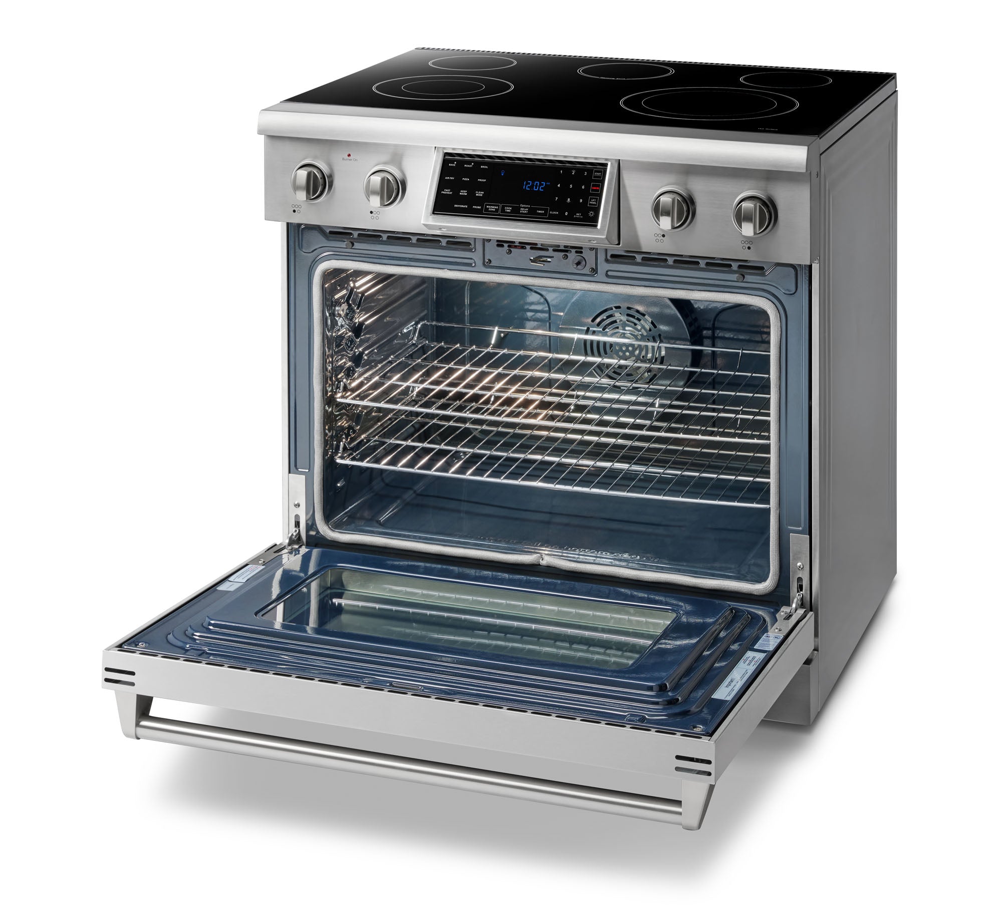 Stainless electric range with oven door open showing wire rack and heated interior