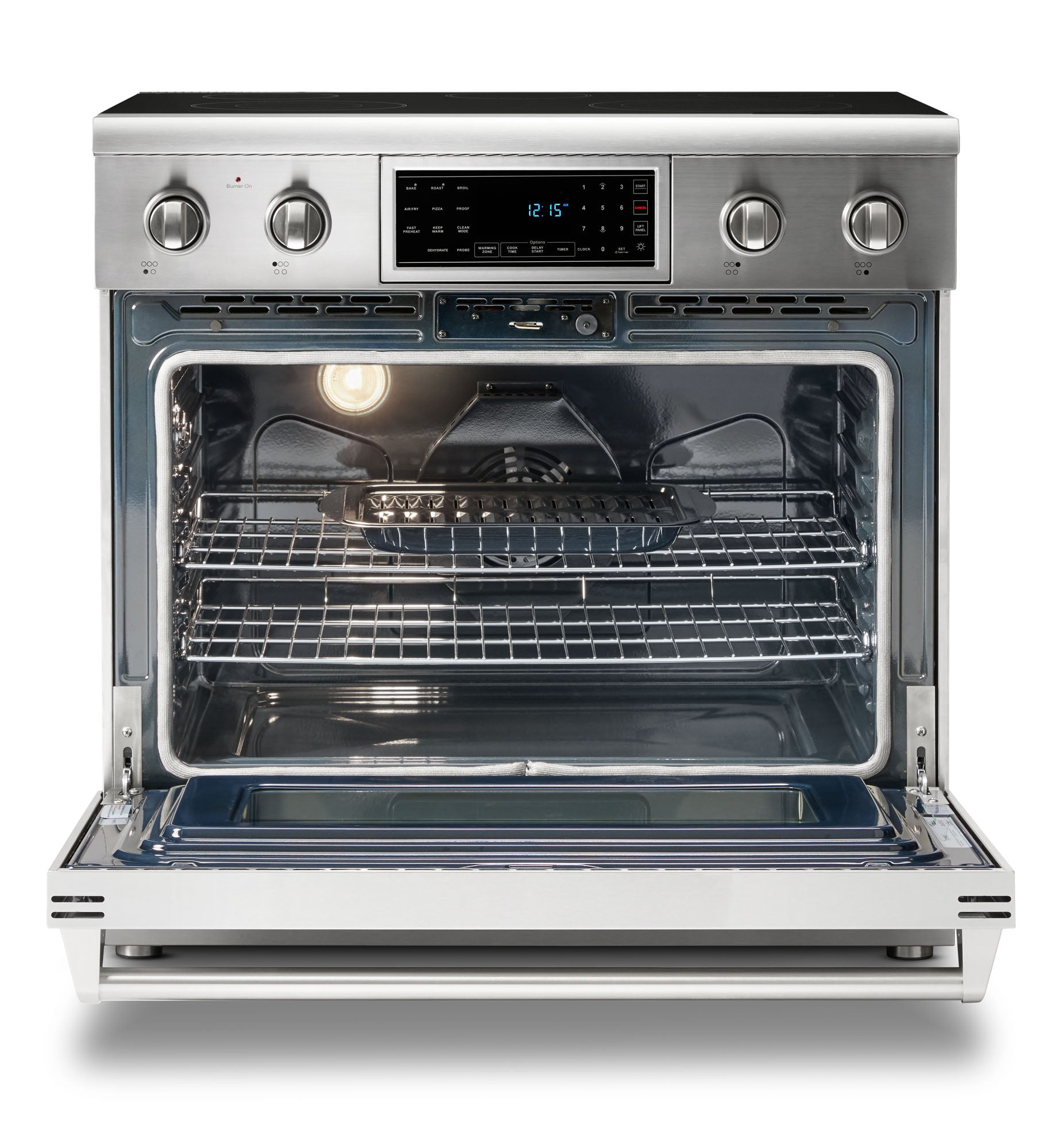 Stainless electric range oven cavity with wire rack and internal heating element