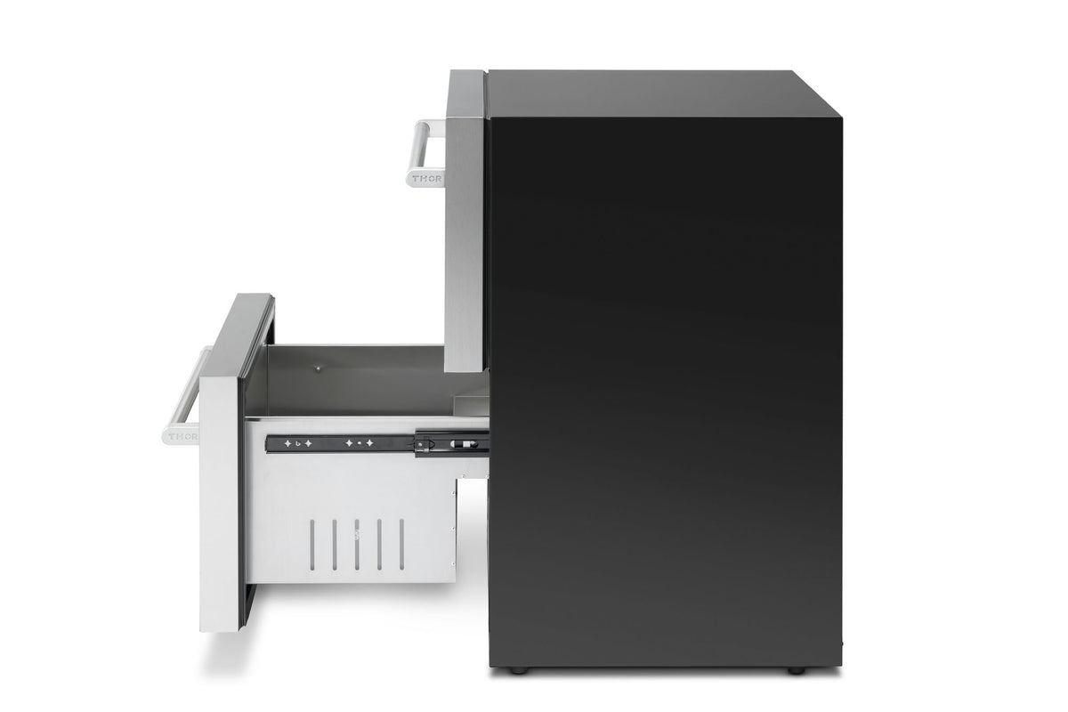 Stainless steel undercounter refrigerator side view with one drawer extended