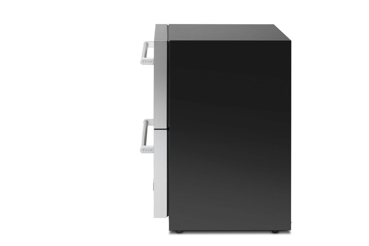 Black stainless undercounter refrigerator side view with door and drawer edges visible