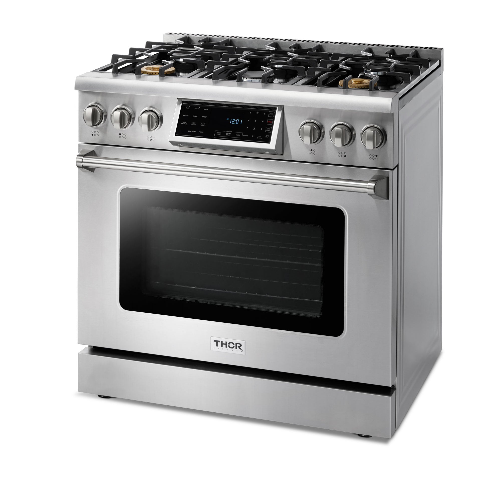Stainless gas range with closed oven door, control panel, and cooktop grates