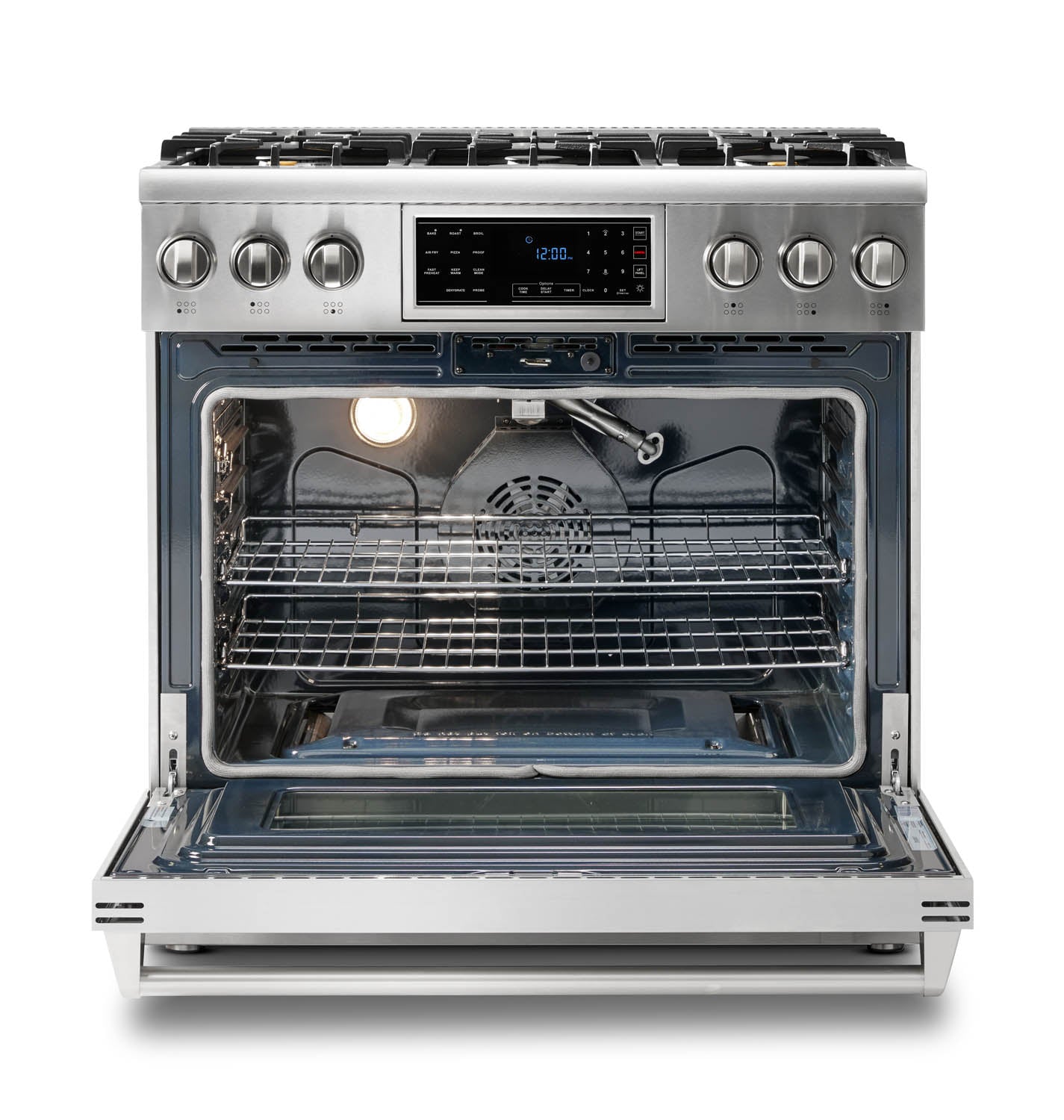 Stainless gas oven interior with wire rack and baking tray on lower shelf