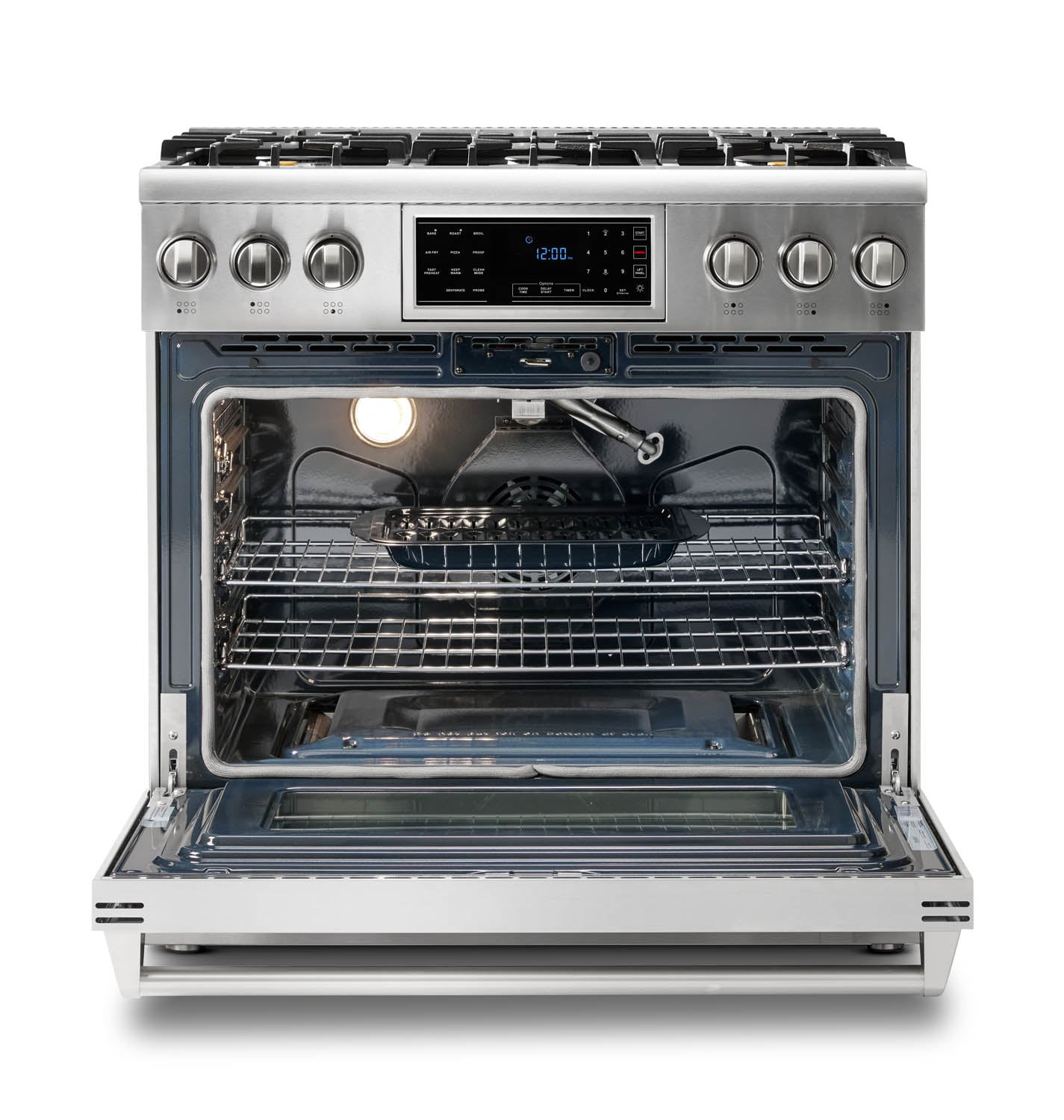 Stainless gas oven interior with fan and wire rack inside open door