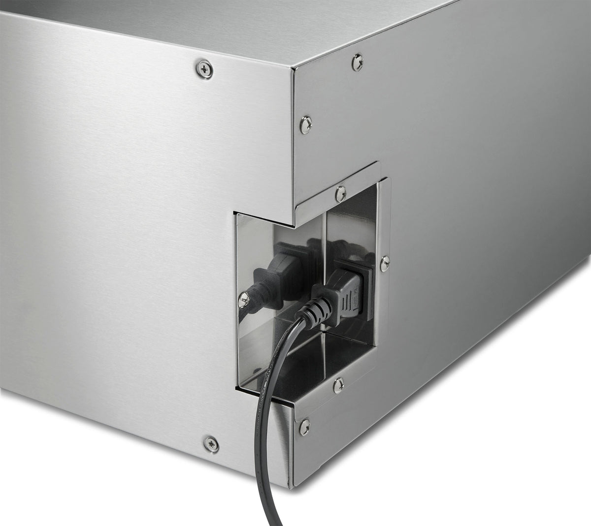 Stainless warming drawer side view with open wiring panel and power cord